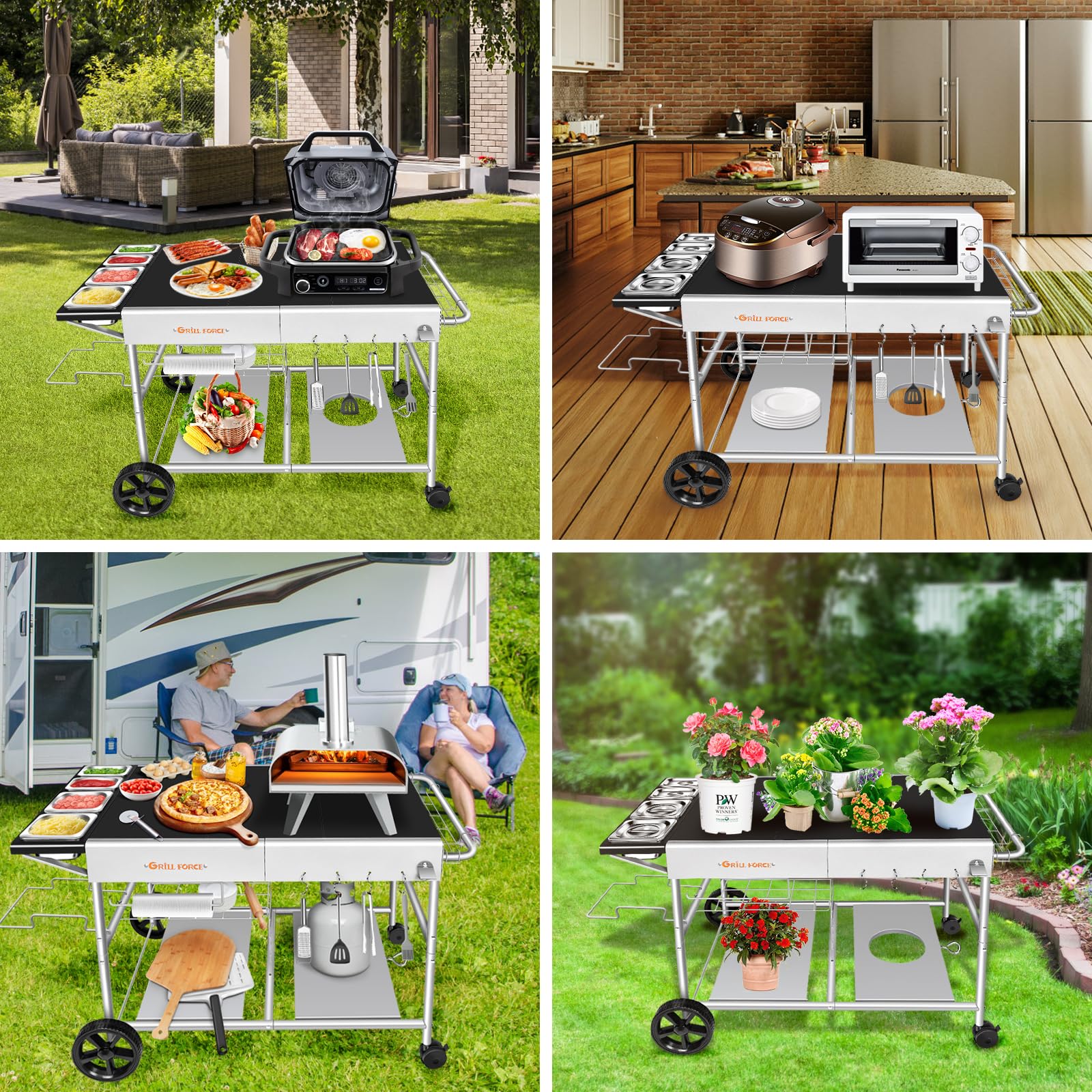 Premium Outdoor Pizza Oven Cart with Topping Station - Heavy Duty Grill Table for Ooni Koda/Karu/Fyra 16 & 12, Ninja Woodfire & Blackstone - Perfect for Backyard Cooking, Patio Entertaining & Outdoor Pizza Parties