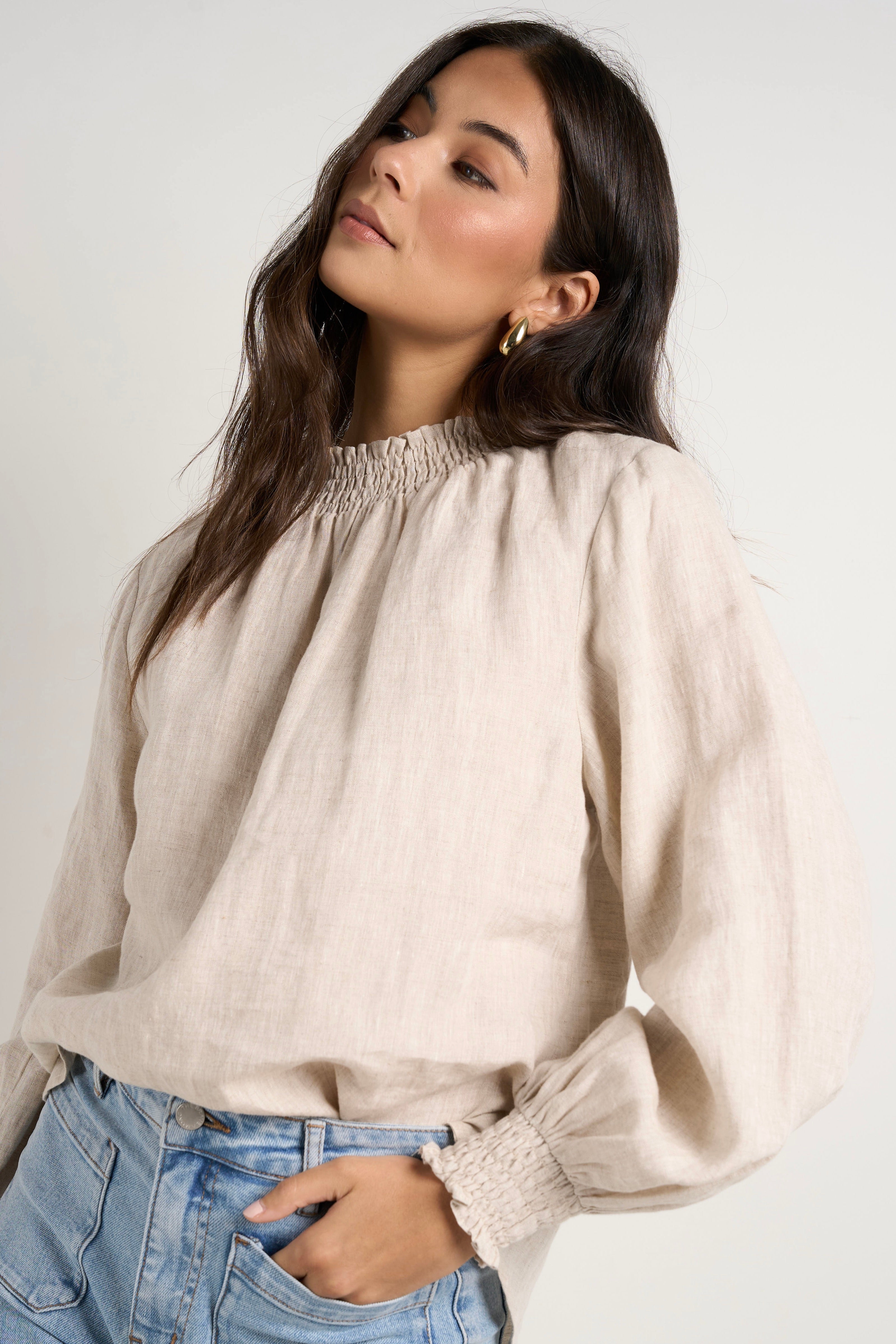 Natural Linen Shirred Neck Long Sleeve Top for Women - Boho Chic Blouse for Casual Wear, Office & Date Nights