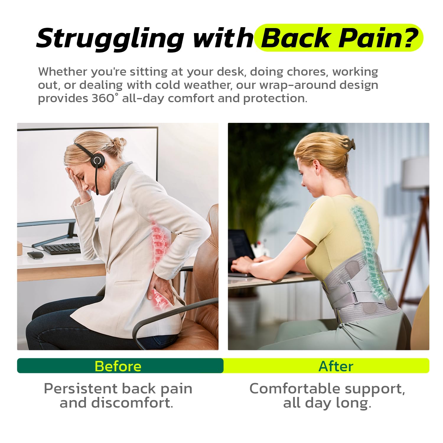 360° Support Back Brace for Lower Back Pain Relief - Adjustable Lumbar Support Belt for Men & Women with Breathable Fabric - Ideal for Herniated Disc, Sciatica, Posture Correction & Heavy Lifting