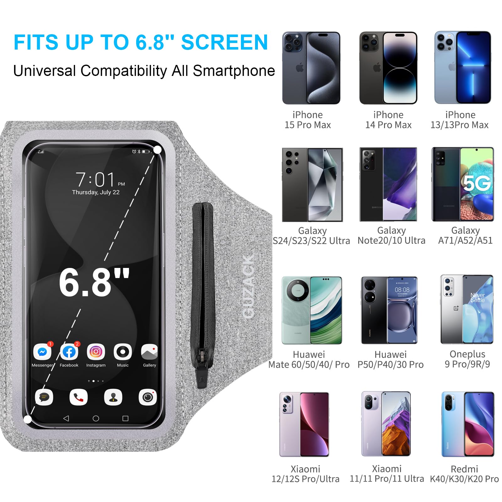 GUZACK Running Armband with Zipper Pouch - Phone Holder for iPhone 16 Pro/15/14/13/12/11 Pro Max & Galaxy S24/S23/S22 - Key Pocket & Card Slot - Lightweight Sports Accessory for Jogging, Gym Workouts & Outdoor Activities (Gray, Medium)