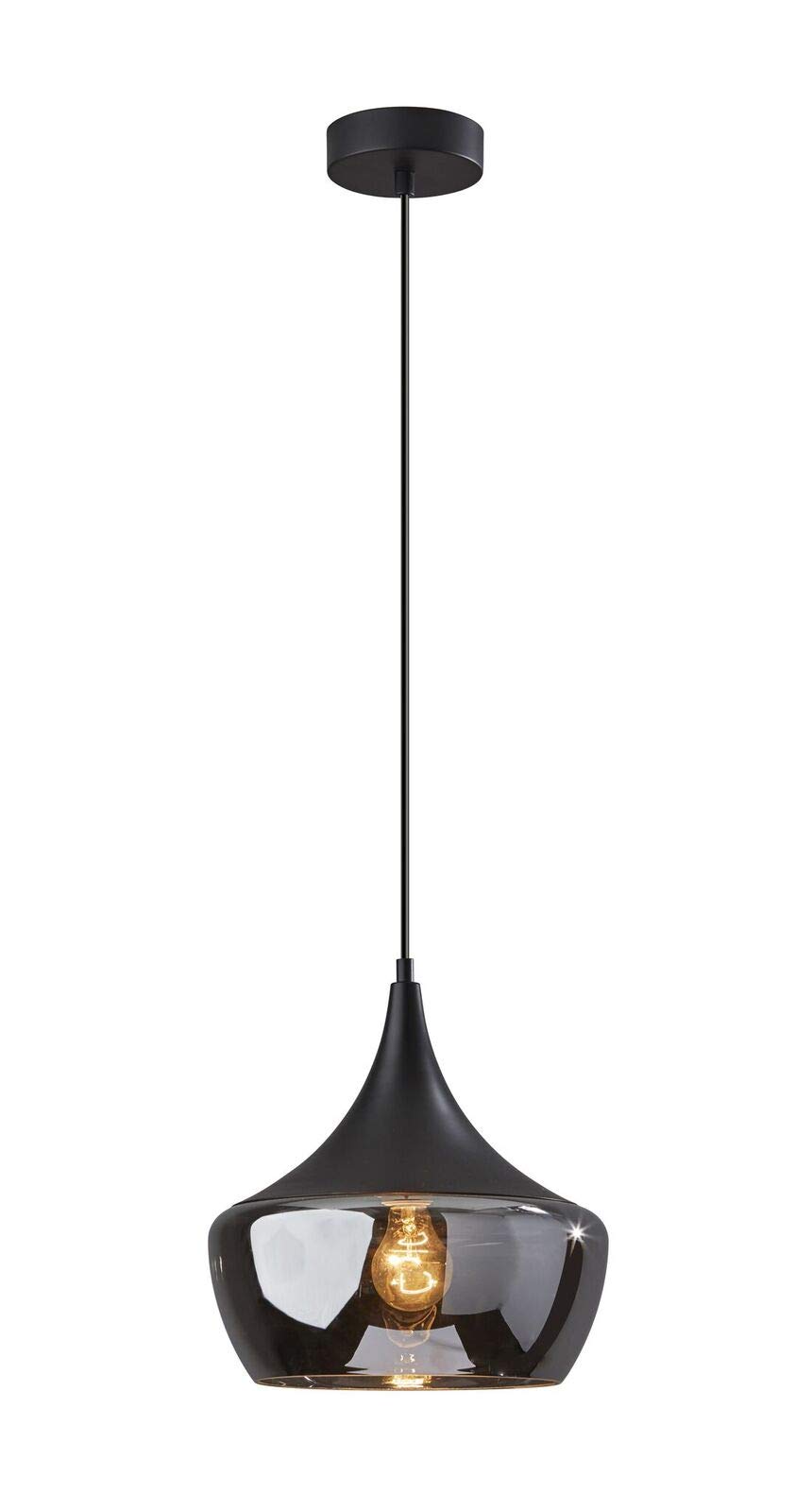 HomeRoots Metal and Glass Gnome Smoked Glass Black Metal Pendant Lamp - Modern Farmhouse Lighting for Kitchen Island, Dining Room, or Entryway