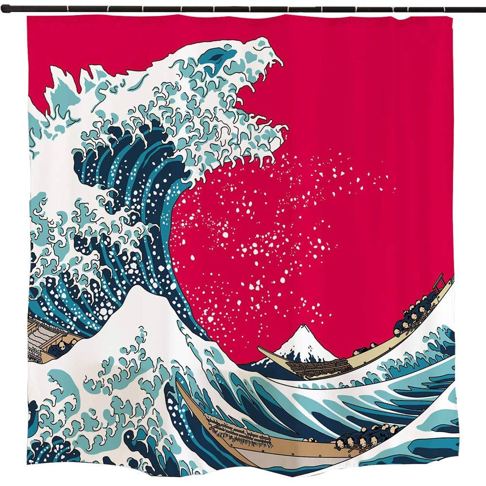 Ofat Home Japanese Monster & The Great Wave Off Kanagawa Shower Curtain Set with Hooks - Hokusai Art Bathroom Decor - No Liner Needed - Waterproof 72x72 Inch (Red/Blue) - Perfect for Bathroom, Dorm, Apartment & Beach House Decor