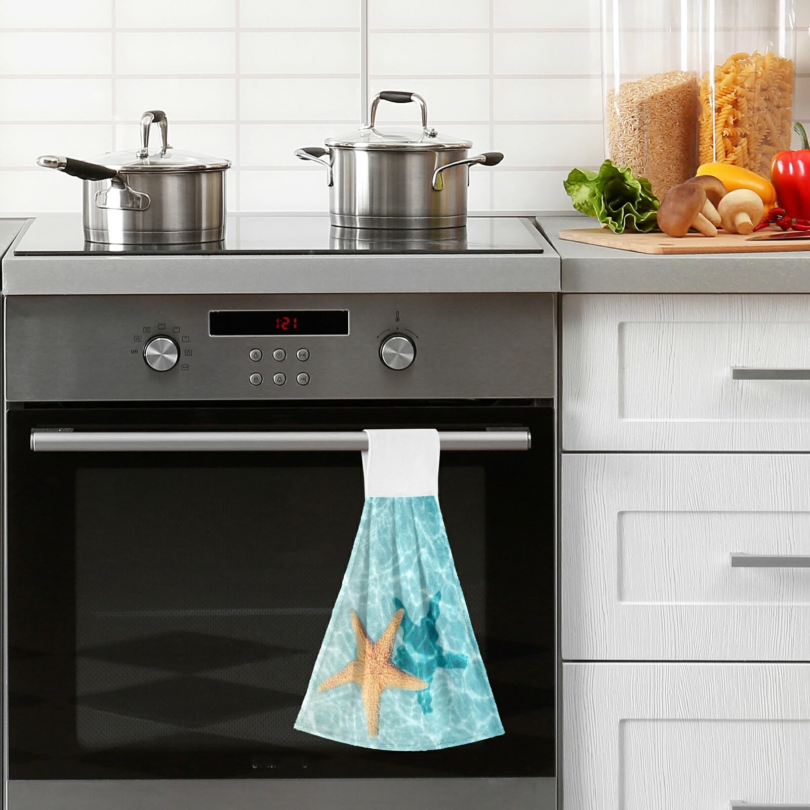 2 Pack Summer Starfish Hand Towels - Super Absorbent Kitchen & Bathroom Dish Towels with Hanging Loops for Ocean-Themed Decor | Perfect for Beach Houses, Coastal Homes & Seaside Kitchens