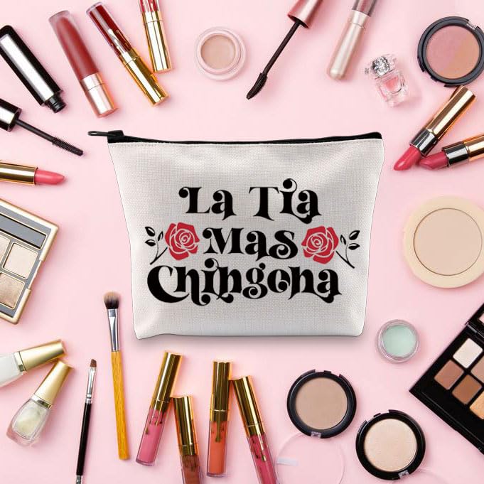 Funny Mexican Makeup Pouch Bag - 'La Tia Mas Chingona' Cosmetic Bag for Women | Unique Mexican Lover Gifts & Latina Accessories | Perfect for Travel, Birthday Presents & Bachelorette Parties