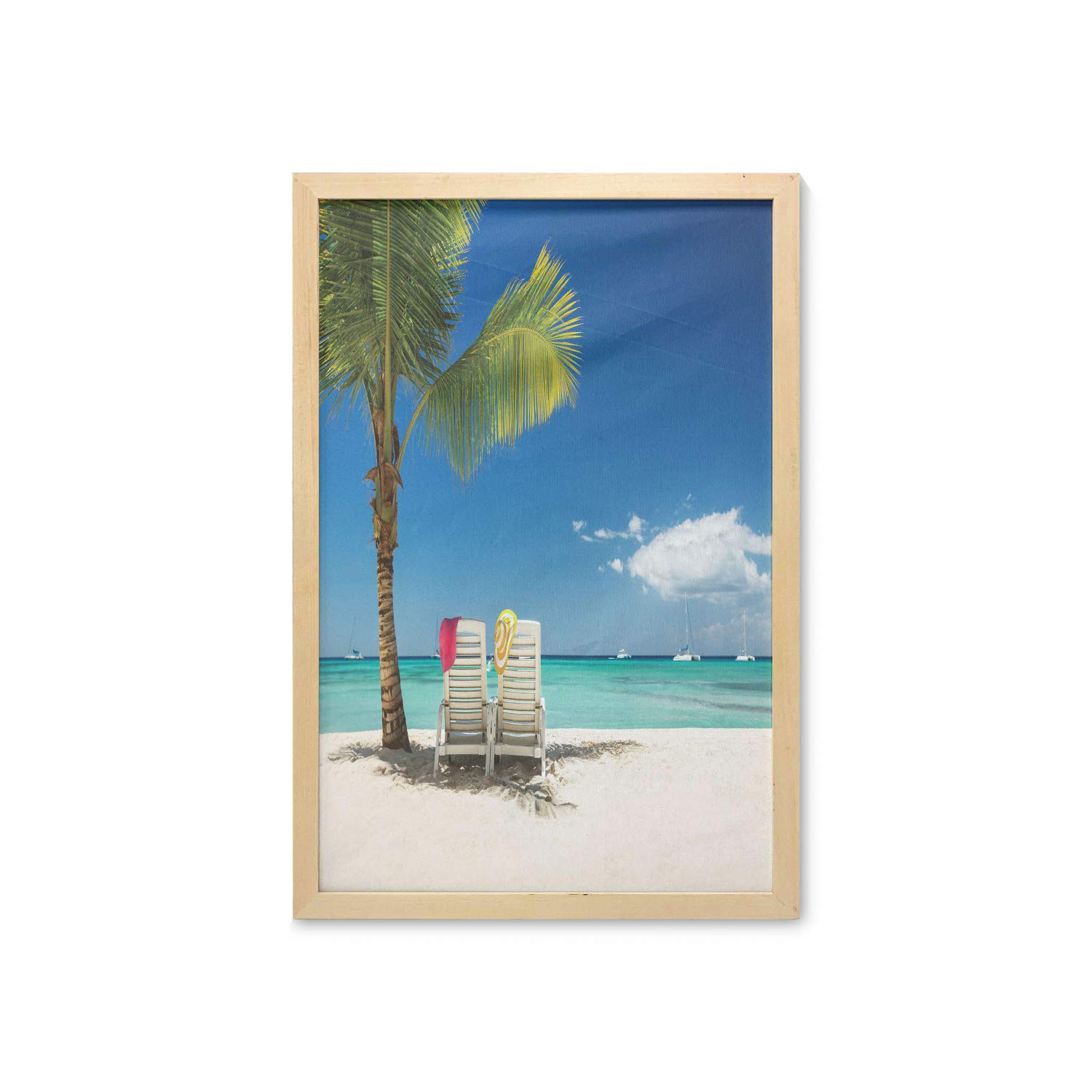 Ambesonne Seaside Wall Art with Frame - Relaxing Beach Vacation Panoramic Picture of Palm Trees, Chairs & Boats - Printed Fabric Poster for Bathroom, Living Room, Dorm Decor - 23