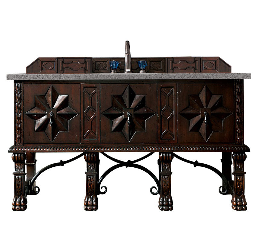 Balmoral 60 Inch Single Bathroom Vanity Cabinet with 3CM Grey Expo Quartz Countertop - Antique Walnut Finish for Modern & Traditional Bathrooms
