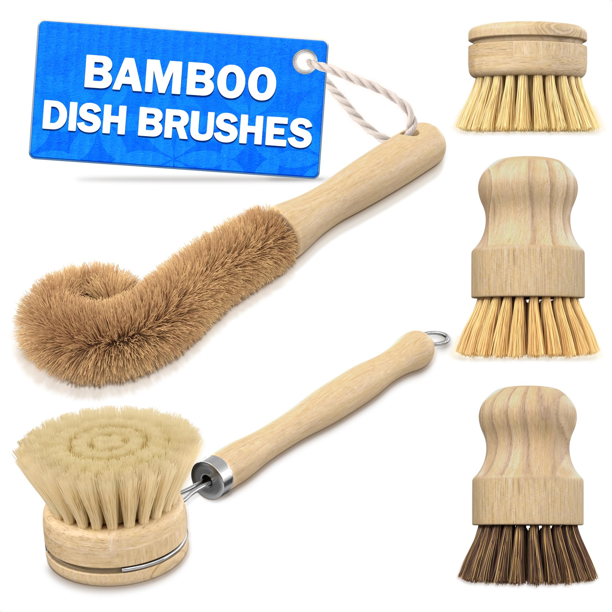 5Pcs Eco-Friendly Bamboo Dish Brush Set - Wooden Scrub Brush for Kitchen, Pots & Pans - Natural Dishwashing Brush with Ergonomic Handle - Perfect for Sustainable Cleaning & Zero Waste Lifestyle