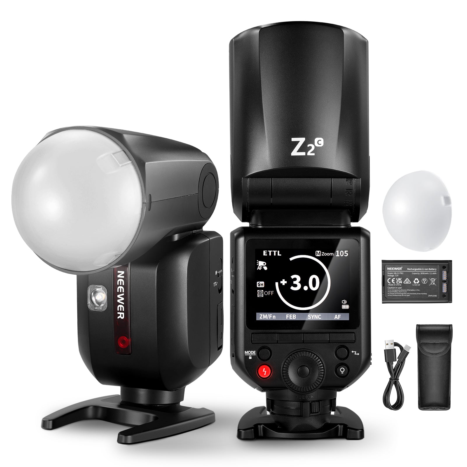 NEEWER Z2 3000mAh Rechargeable TTL Round Head Flash Speedlite with Diffuser for Canon Nikon Sony DSLR Cameras - Perfect for Portrait, Wedding & Studio Photography