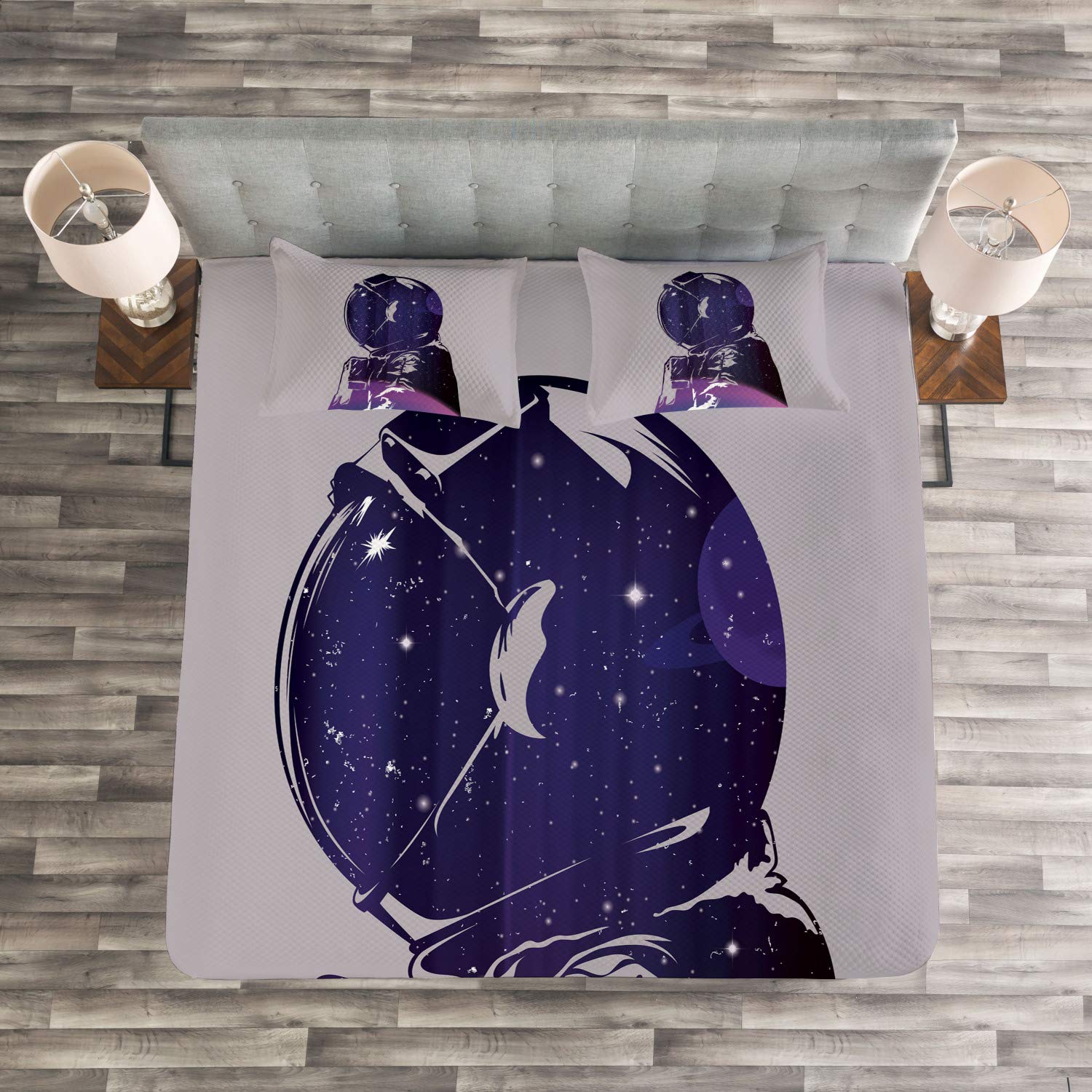 Ambesonne Outer Space Bedspread Set - Astronaut & Star Clusters Celestial Design, 3-Piece Queen Size Bedding with 2 Pillow Shams in Pink & Purple | Perfect for Space-Themed Bedrooms, Kids Rooms & Sci-Fi Decor