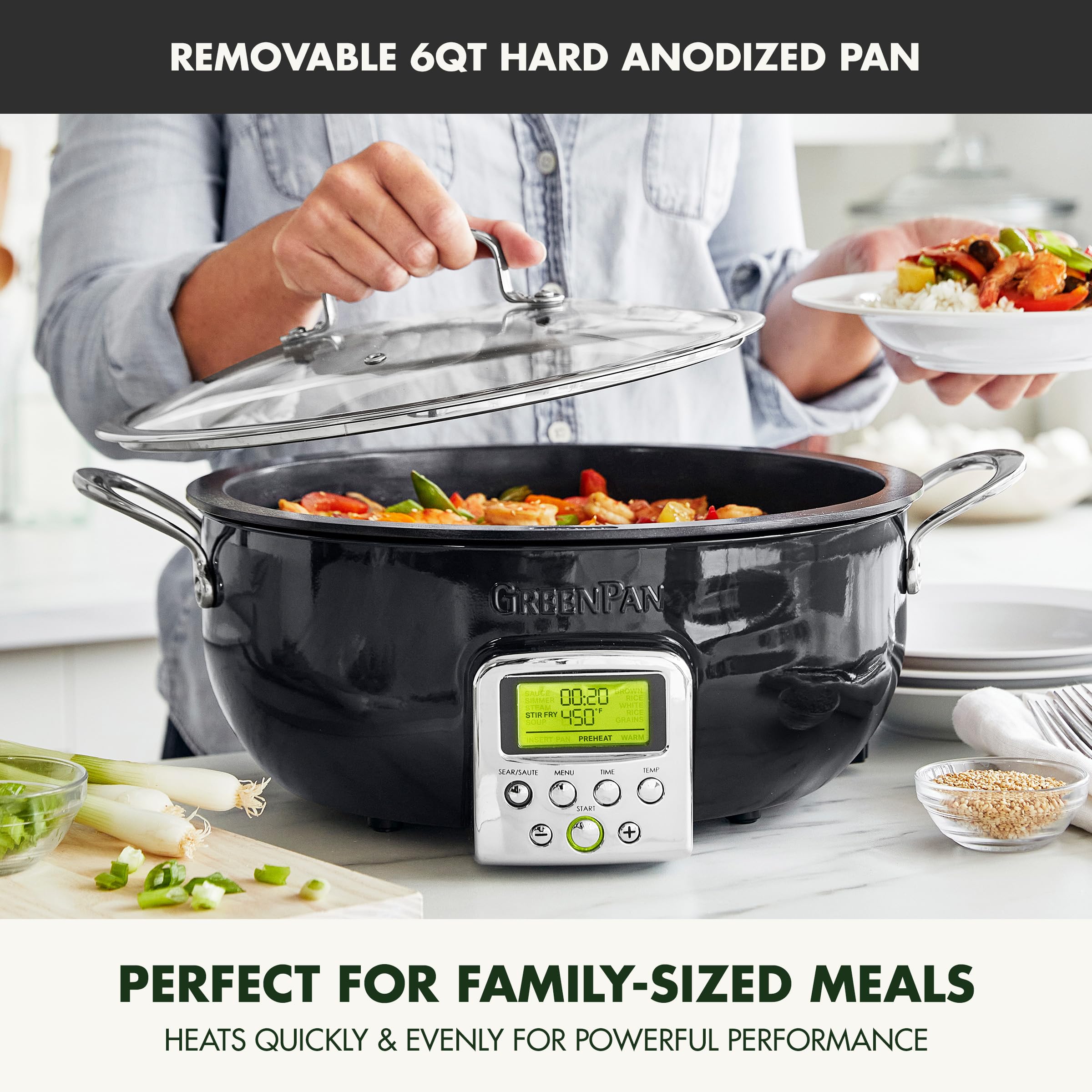 GreenPan Elite Essential Smart Electric 6QT Skillet Pot – Nonstick Ceramic Cookware for Searing, Sauteing, Stir-Frying & Rice Cooking | PFAS-Free, Dishwasher Safe & LED Display | Perfect for Home Cooking, Meal Prep & Healthy Family Dinners