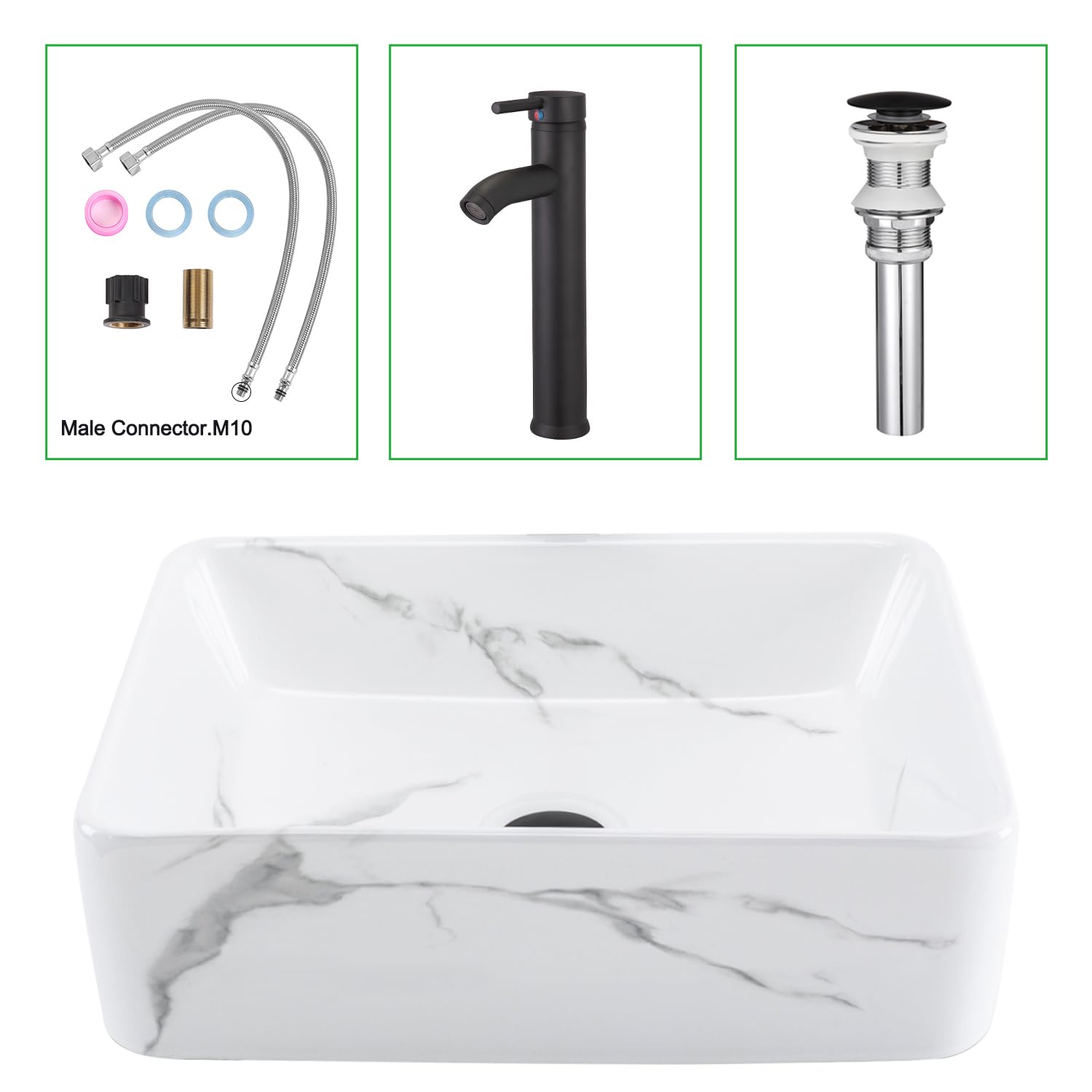 19x15 Inch Rectangular Marble Porcelain Ceramic Vessel Sink - Above Counter Bathroom Sink with Faucet & Pop-Up Drain Combo - Perfect for Modern Bathroom Vanity and Powder Room Renovation