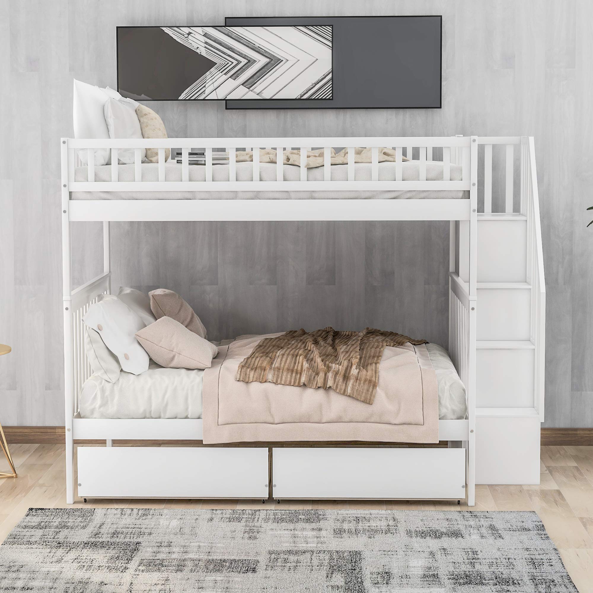 Solid Wood Full Over Full Bunk Bed with Stairway & Storage Drawers - White Twin Bunk Bed Frame with Guard Rail for Kids Bedroom, Dorm or Guest Room - Space Saving Solution for Small Rooms & Shared Spaces