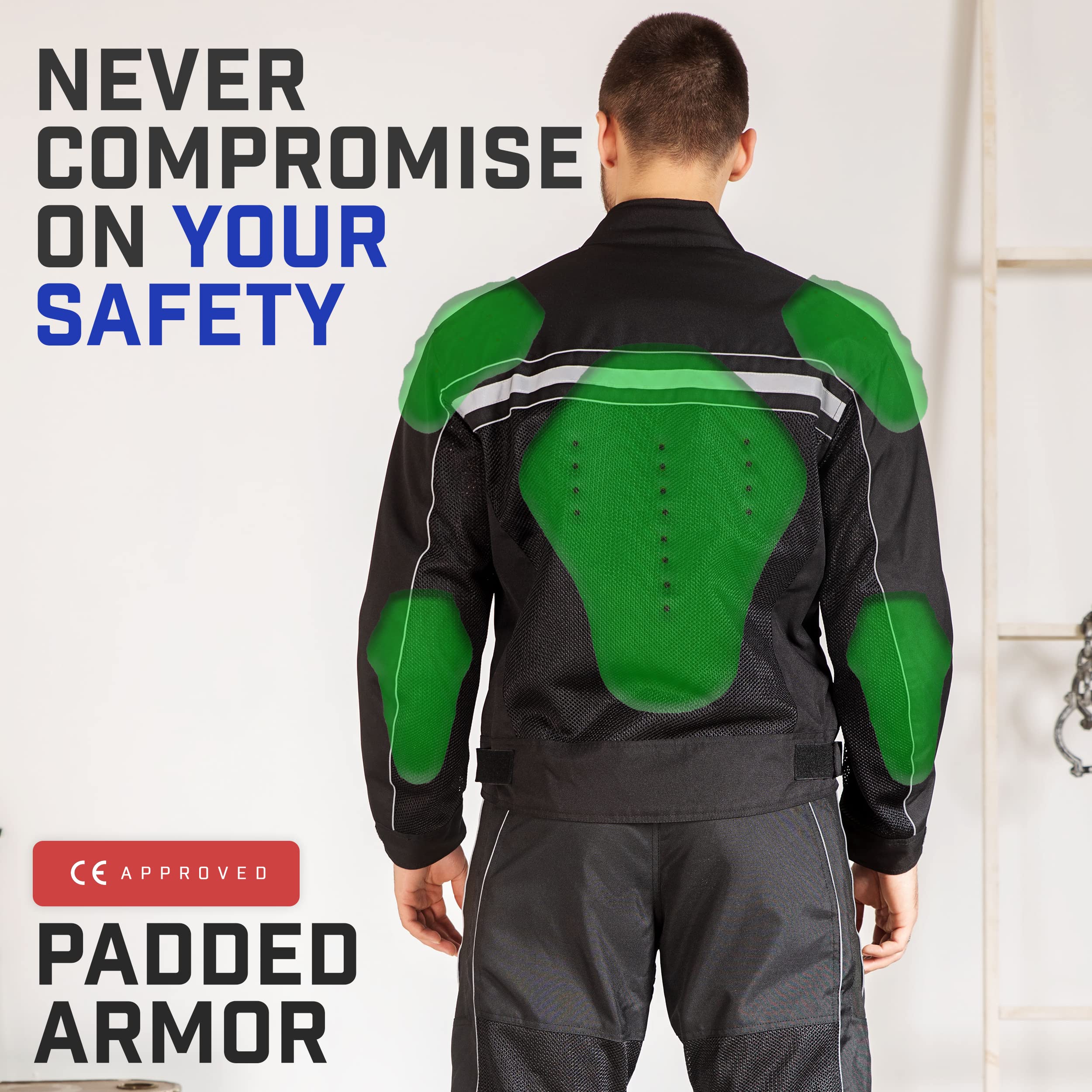 WICKED STOCK CE Level 1 Certified Men's Motorcycle Jacket - Lightweight Mesh Biker Jacket with Adjustable Cuffs & Waist Belt - Reflective Armored Jacket for Summer Riding - Perfect for Street Biking & Commuting