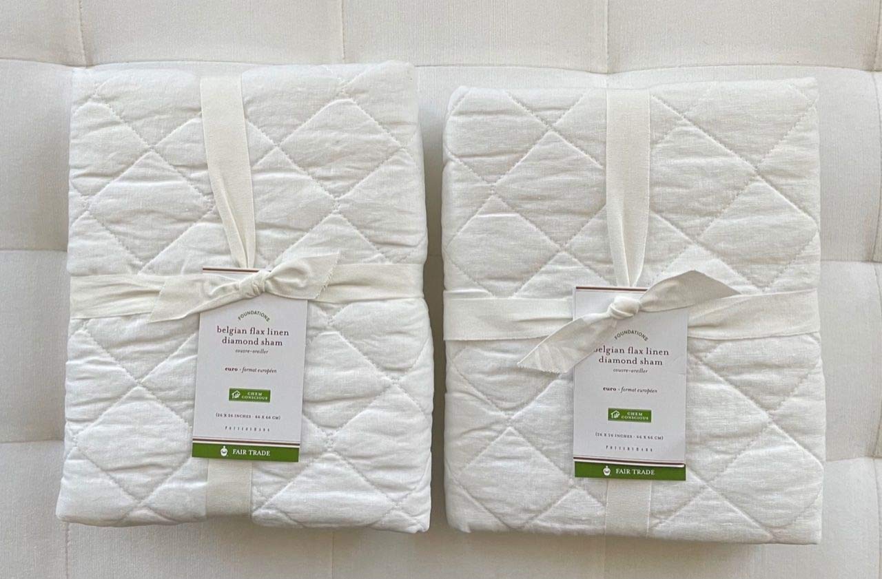 Pottery Barn Belgian Flax Linen Diamond Quilted Euro Shams Set of 2 - Premium White Bed Pillow Covers for Luxury Master Bedroom & Guest Room Decor