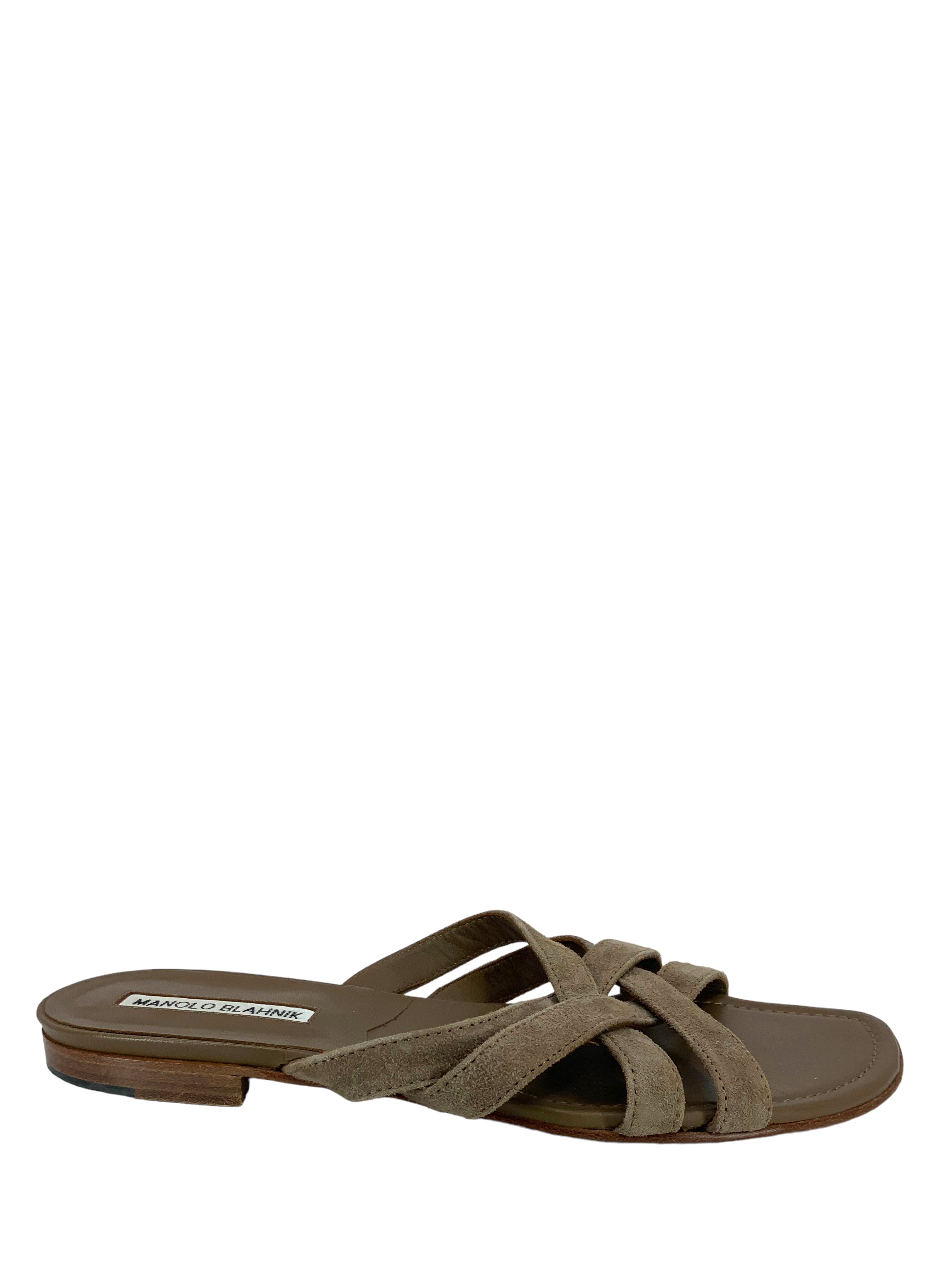 Manolo Blahnik Suede Strappy Slide Sandals Women's Size 8 | Comfortable Summer Dressy Heeled Sandals for Weddings, Parties & Date Nights
