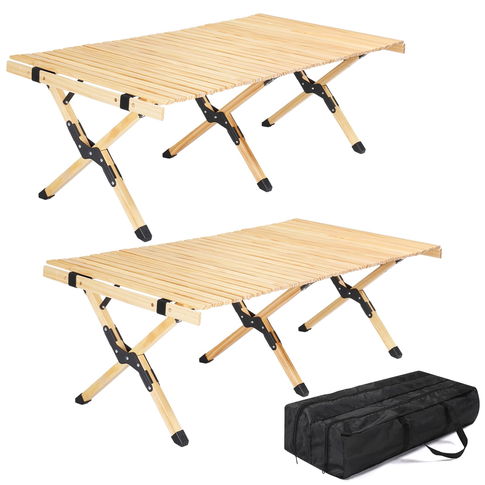 VINGLI 4ft Portable Folding Picnic Table 2 Pack - Adjustable Height Wooden Camping Tables with Carry Bag - Perfect for Outdoor, Indoor, Beach, Patio, Yard & Apartment Use (Natural Wood) | Great for BBQs, Tailgating, Camping Trips & Small Space Living