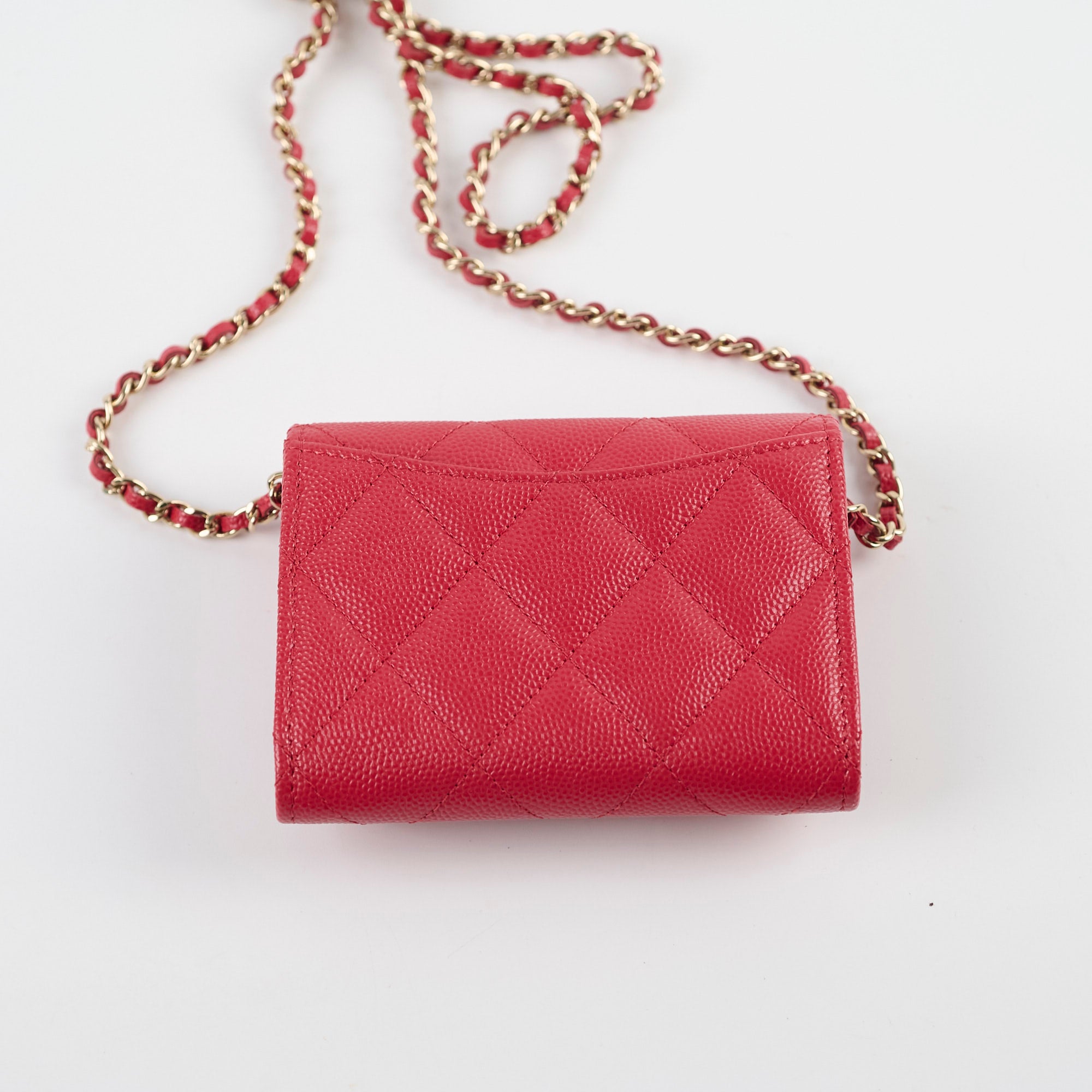 Chanel Caviar Leather Quilted Flap Card Holder with Chain - Red Series 31 | Luxury Wristlet Wallet for Women | Perfect for Parties, Date Nights & Everyday Use
