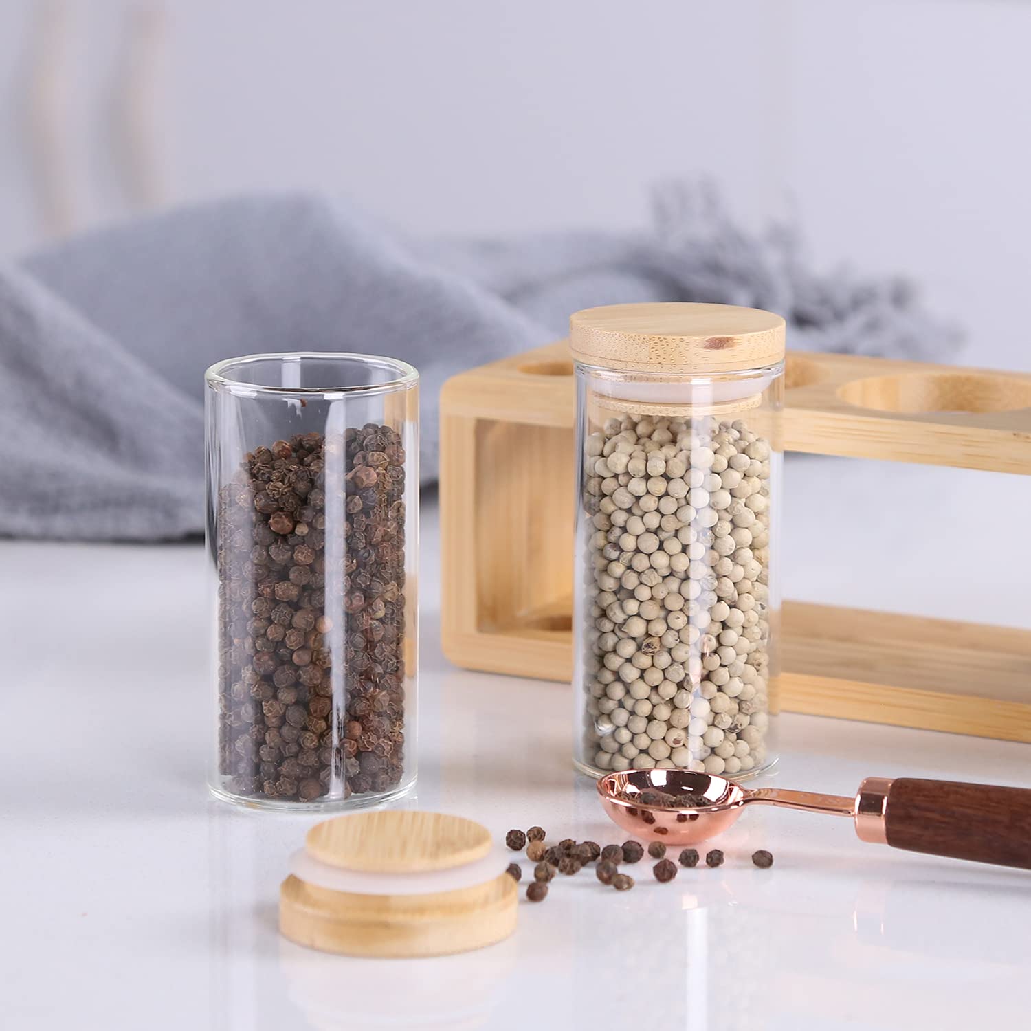 KKC HOME ACCENTS 6-Piece Glass Spice Jars Set with Bamboo Lids, Wooden Rack & Measuring Spoon - 3.4oz Airtight Kitchen Spice Containers for Countertop Organization | Perfect for Cooking, Baking & Pantry Storage