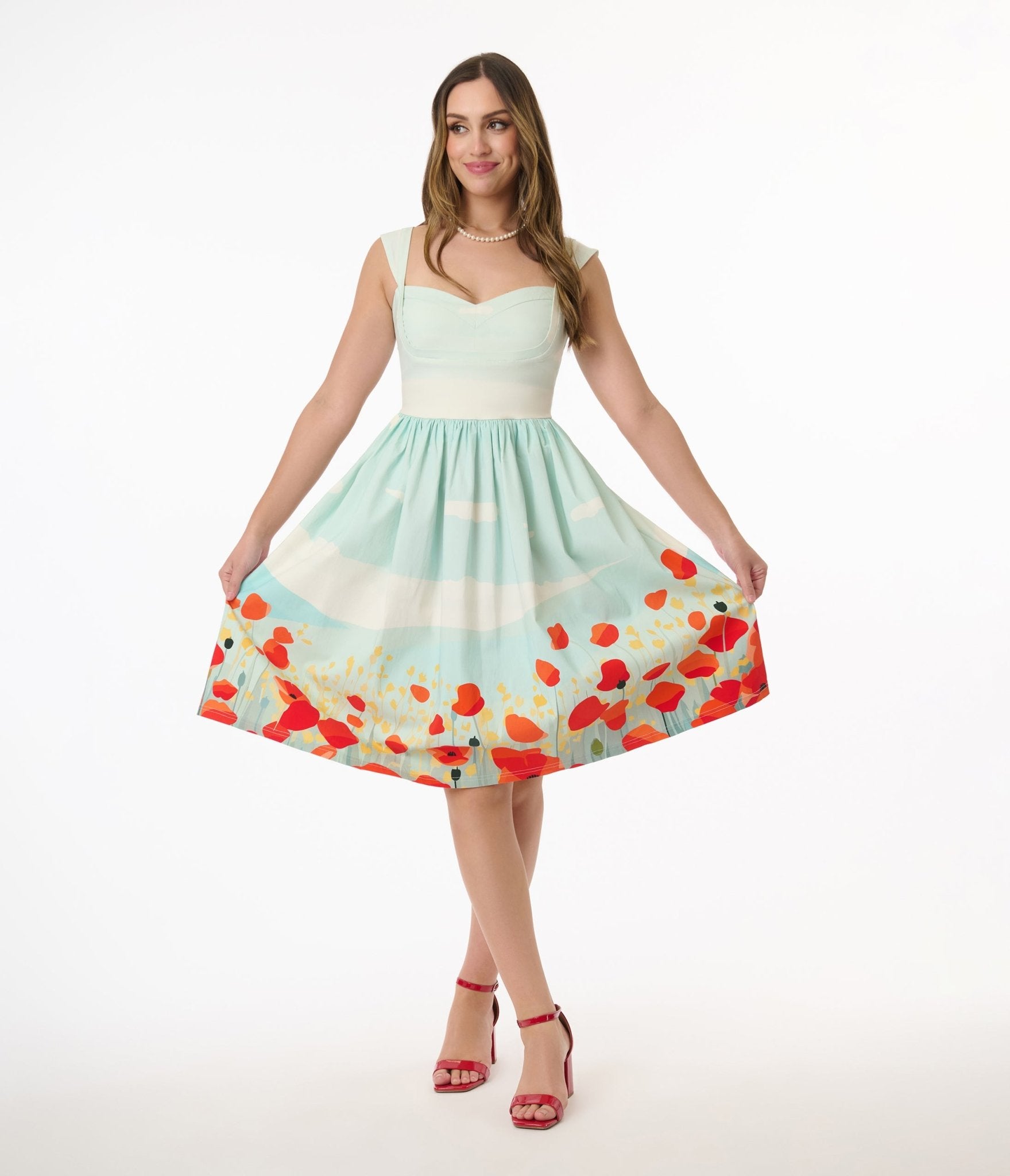 Vintage Blue Sky & Poppy Field Floral Print Sleeveless Swing Dress - Perfect for Summer Weddings, Garden Parties & Boho Fashion Outfits