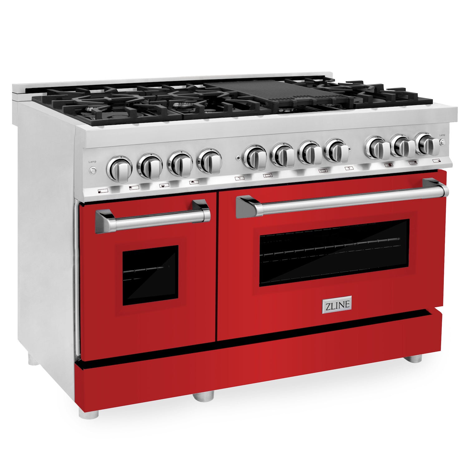 ZLINE 48-inch 6.0 cu. ft. Dual Fuel Range - 7 Burner Gas Cooktop & 2 Electric Ovens - Stainless Steel with Red Matte Doors (RA RM 48) - Perfect for Professional Home Kitchens & Modern Cooking Enthusiasts