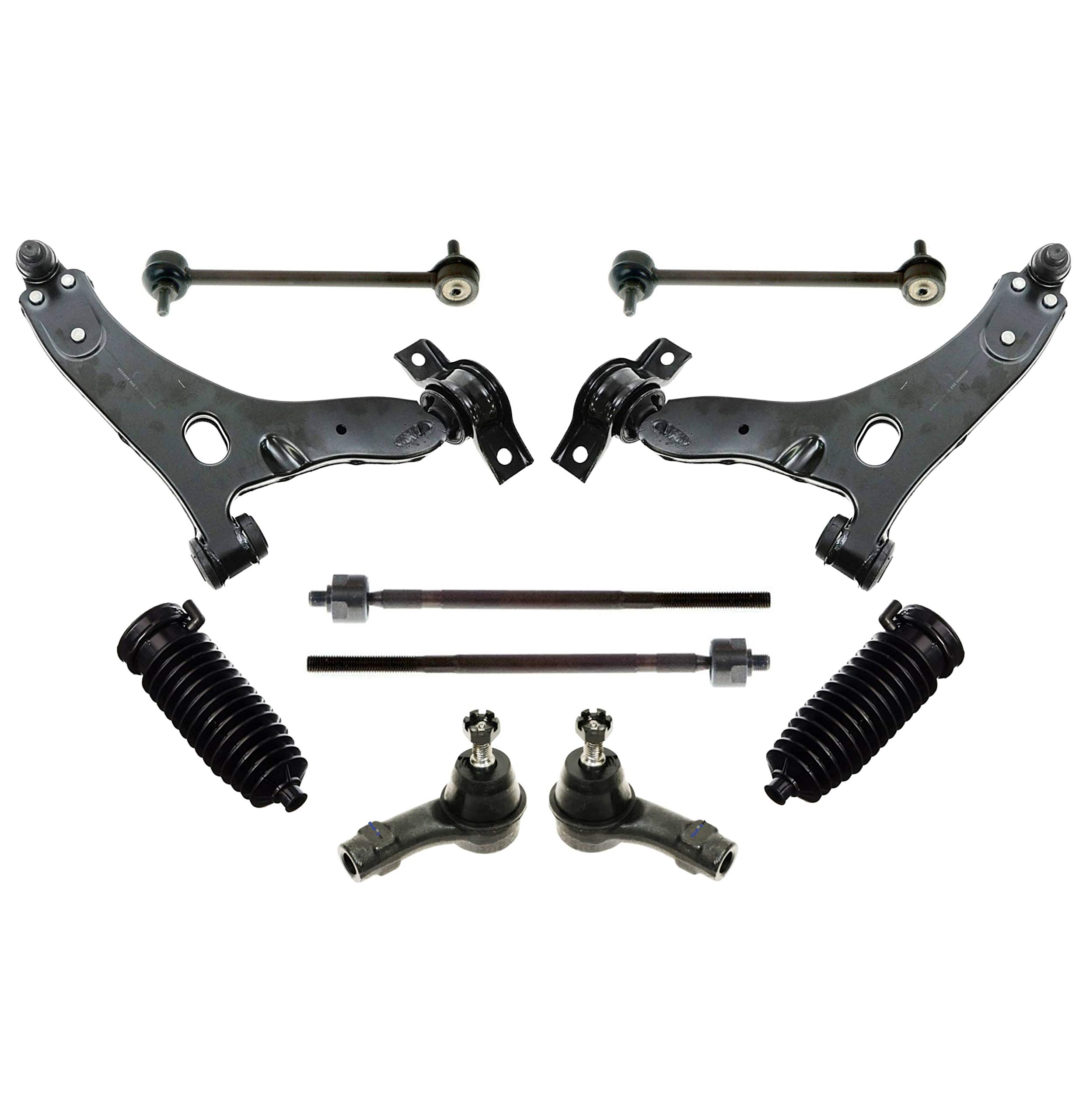 10-Piece Front Complete Suspension Kit for 2006-2012 Ford Focus - Includes Tie Rod Ends, Sway Bar Links, Bellow Boots, Lower Control Arms with Ball Joint & Bushings | Perfect for Smooth Ride & Enhanced Vehicle Control on Rough Roads