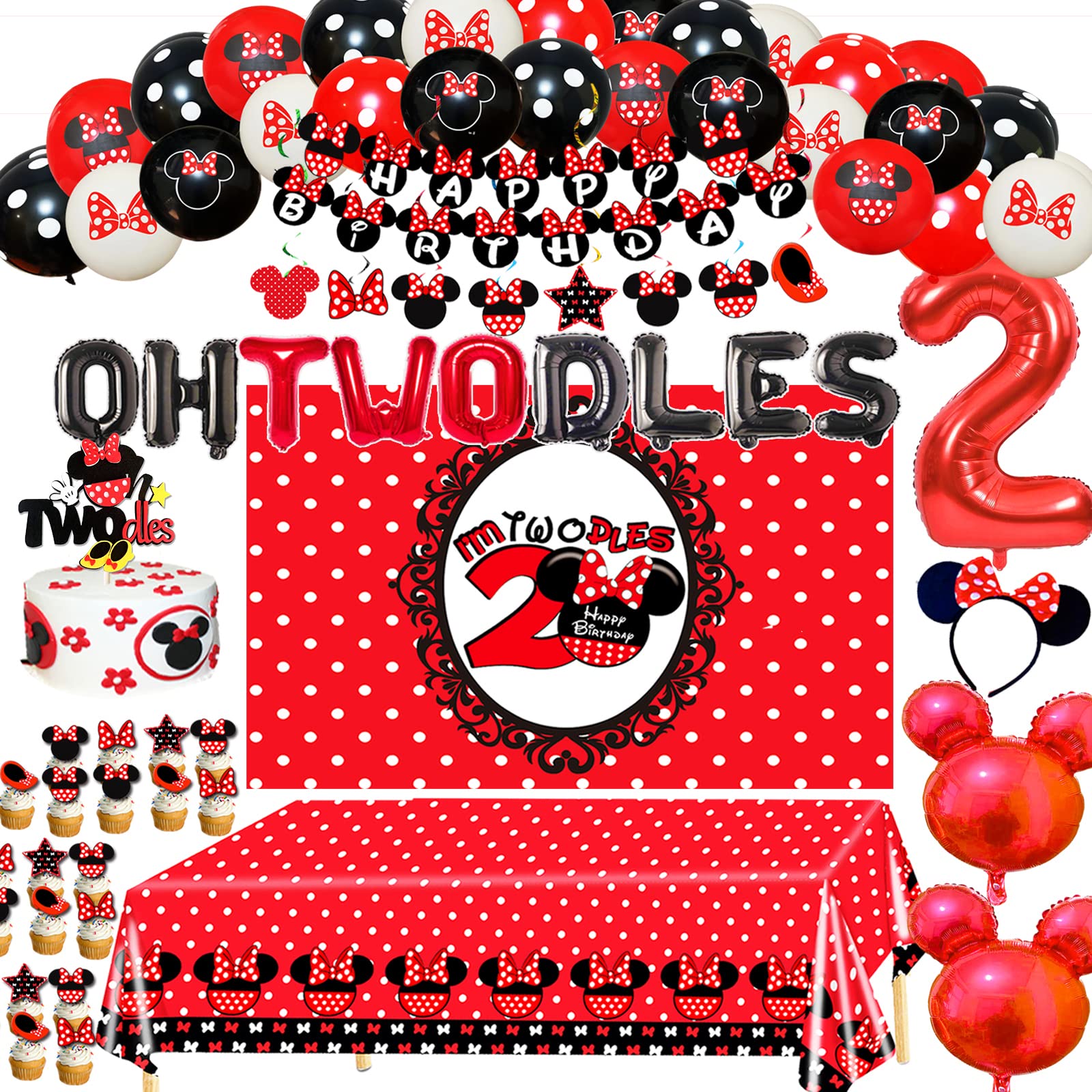 Red Mouse 2nd Birthday Party Supplies - Mouse Birthday Decorations, Banner, Cake Topper, Balloon Backdrop & Tablecloths for Girls' Birthday Celebration | Perfect for Disney-Themed Parties, Toddler Celebrations & First Birthday Decor