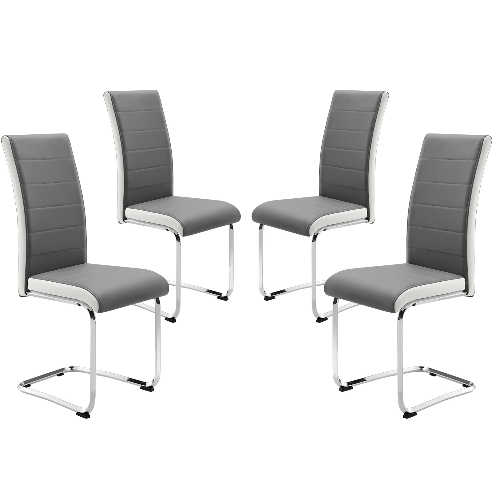 Modern Dining Chairs Set of 4 - PU Faux Leather Upholstered High Back Kitchen Chairs with Metal Legs, Armless Grey & White Side Chairs for Dining Room & Kitchen Table - Perfect for Home, Restaurant, and Office Use