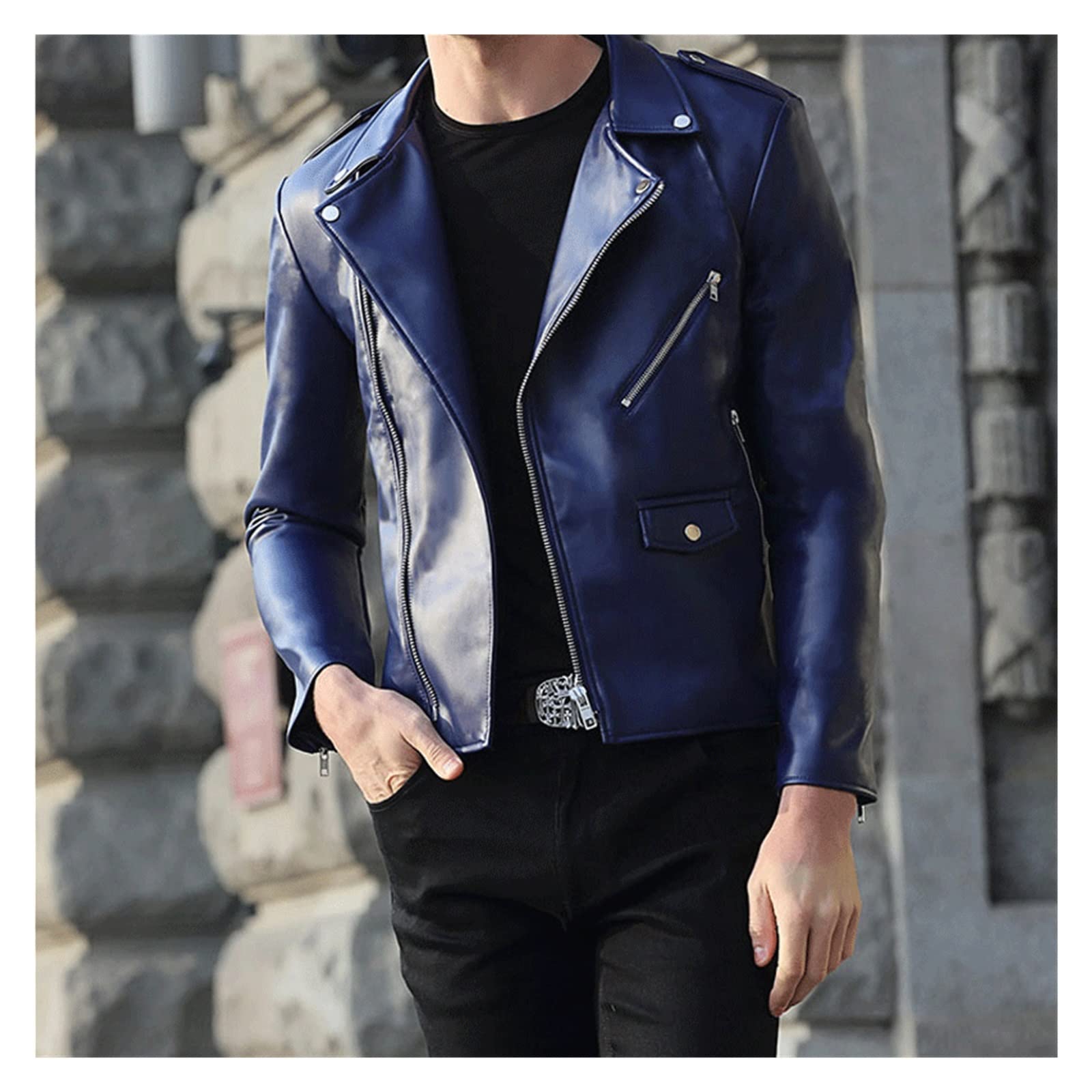 Men's Cool Fitted Leather Biker Jacket - Spring & Autumn Short Zipper Long Sleeve Plus Size Outerwear (Color A, Size S) | Perfect for Motorcycle Riding, Casual Outfits & Night Out