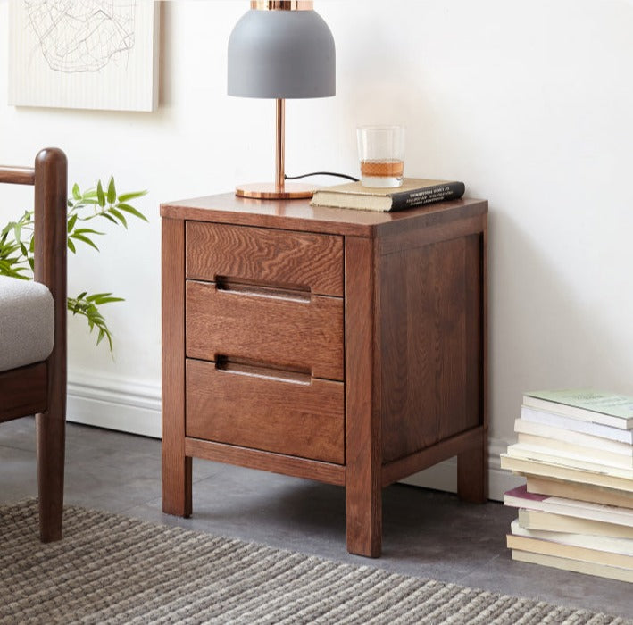 Solid Oak Wood Nightstand with 3 Drawers - Bedside Table for Bedroom, Living Room, or Office Storage