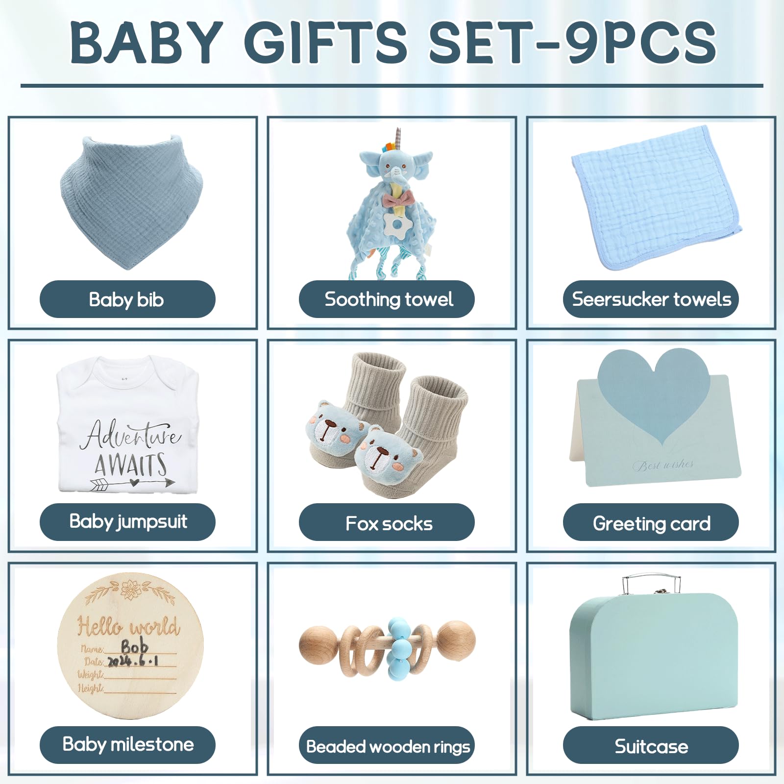 Premium Baby Gift Set for Newborns - Blue Baby Shower Gift Basket with Rattle, Muslin Towel & Security Blanket | Perfect Gender Reveal Gift for Baby Boys & Girls | Ideal for Newborn Showers, Christenings & First Birthday Celebrations