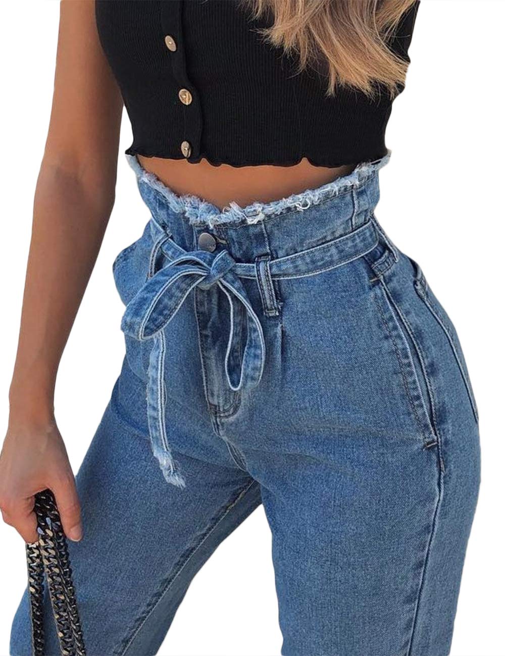 Sexyshine Women's High Waisted Denim Jeans - Loose Fit, Belted Drawstring Casual Pants for Everyday Wear | Perfect for Work, Weekend & Street Style