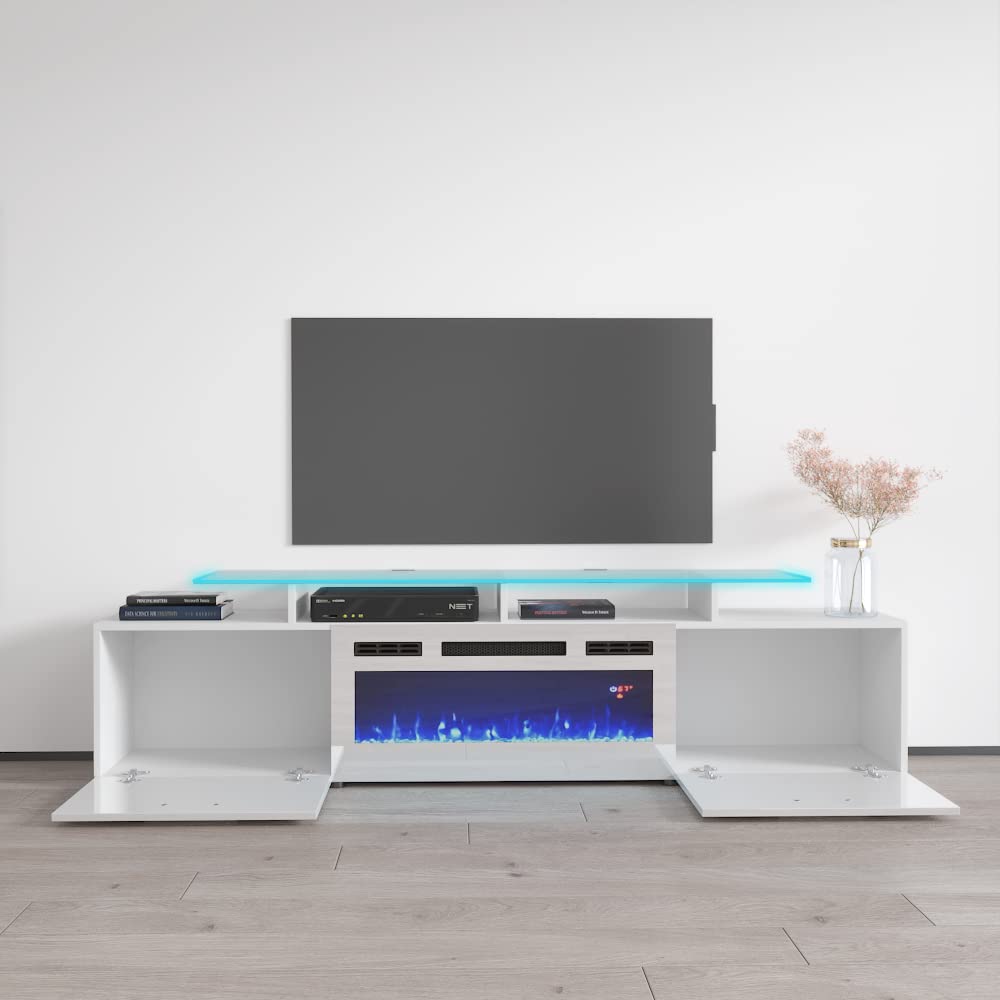Modern High Gloss Fireplace TV Stand with Storage Cabinets & 16-Color LED Lights - Rova WH-EF Entertainment Center Console Table (White/Black) - Perfect for Living Room, Bedroom & Home Theater Setup