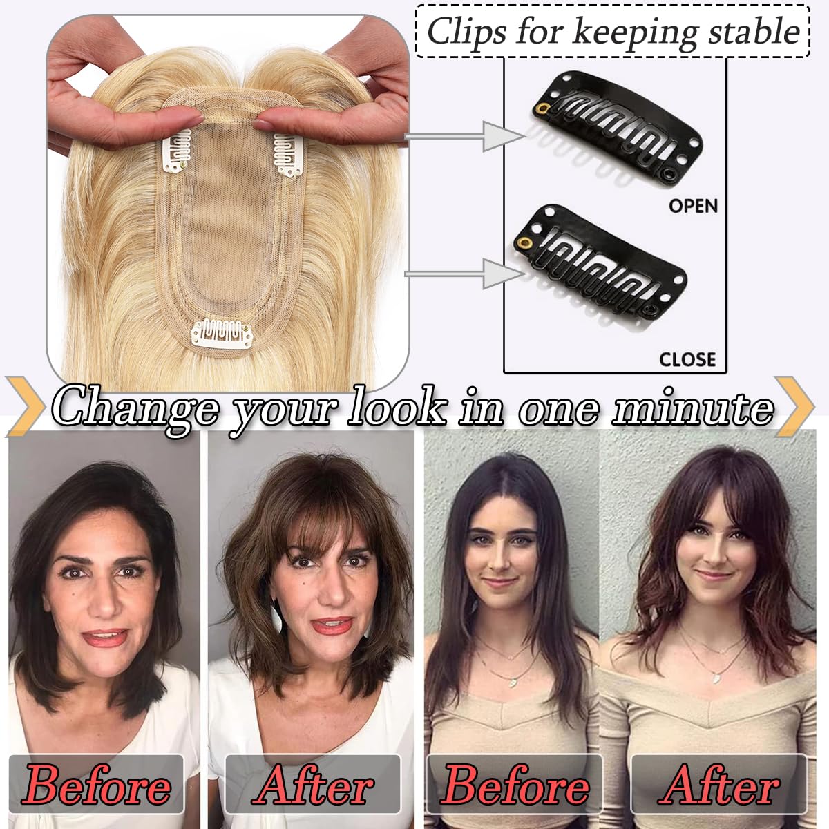 18 Inch Real Human Hair Toppers for Women with Thinning Hair - Silk Base Clip-in Hair Topper with Bangs for Hair Loss & Grey Hair (Ash Blonde Mix Bleach Blonde) | Perfect for Daily Wear, Special Occasions & Confidence Boosting
