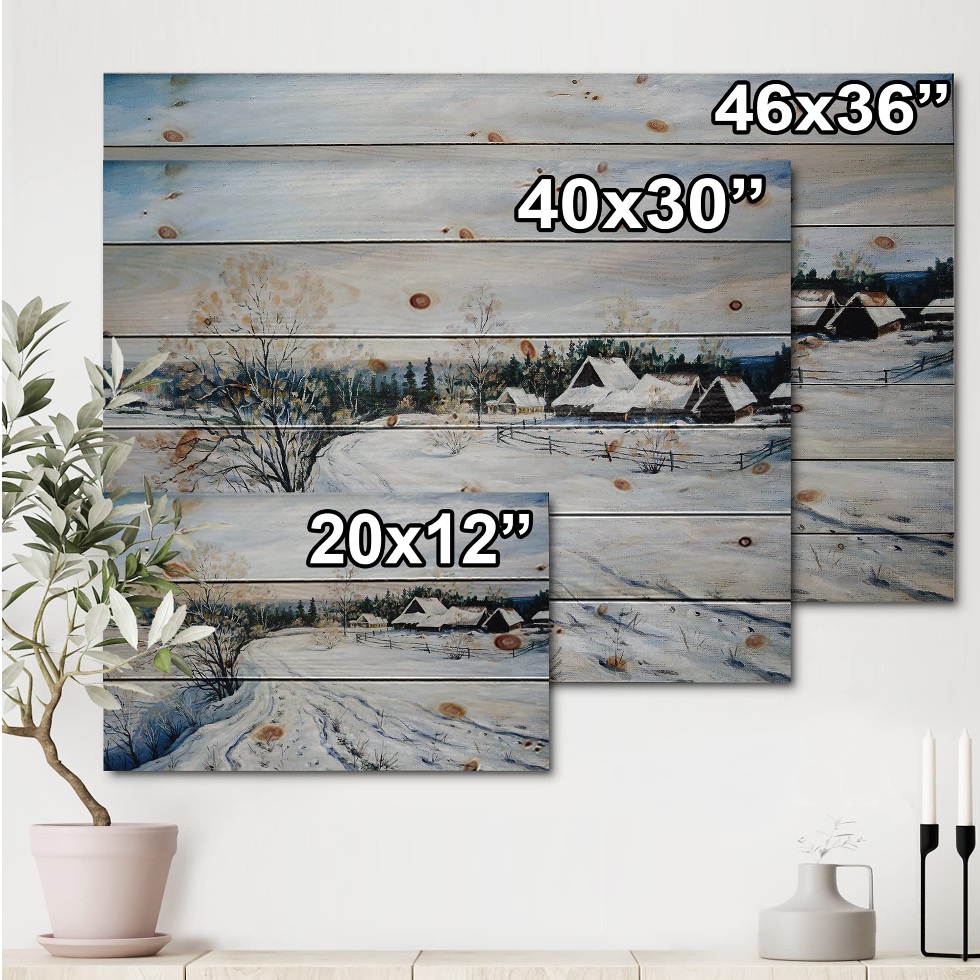 Country Road in Winter II - Traditional Wood Wall Art Decor, Large Landscape Pine Wood Panel Print, White Wooden Wall Hanging for Living Room, Bedroom & Office