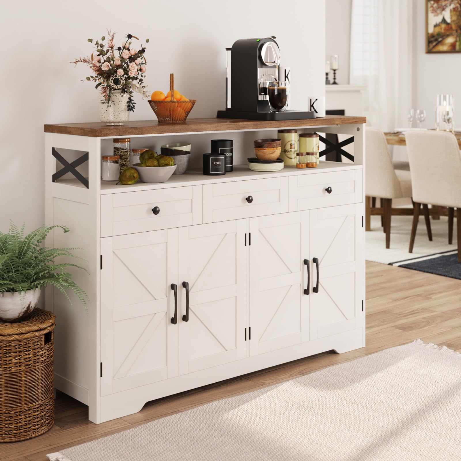 Farmhouse Buffet Cabinet with Drawers & Open Shelf - 52