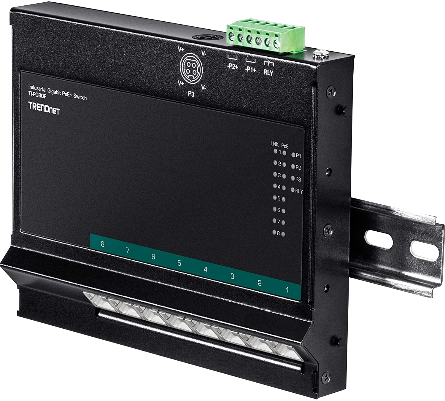 TRENDnet TI-PG80F 8-Port Industrial Gigabit PoE+ Switch - DIN Rail/Wall Mount, 8x PoE+ Ports (200W Budget), 48-57V DC, IP30 Rating - Ideal for Factory Automation, Security Cameras & Industrial IoT Networks