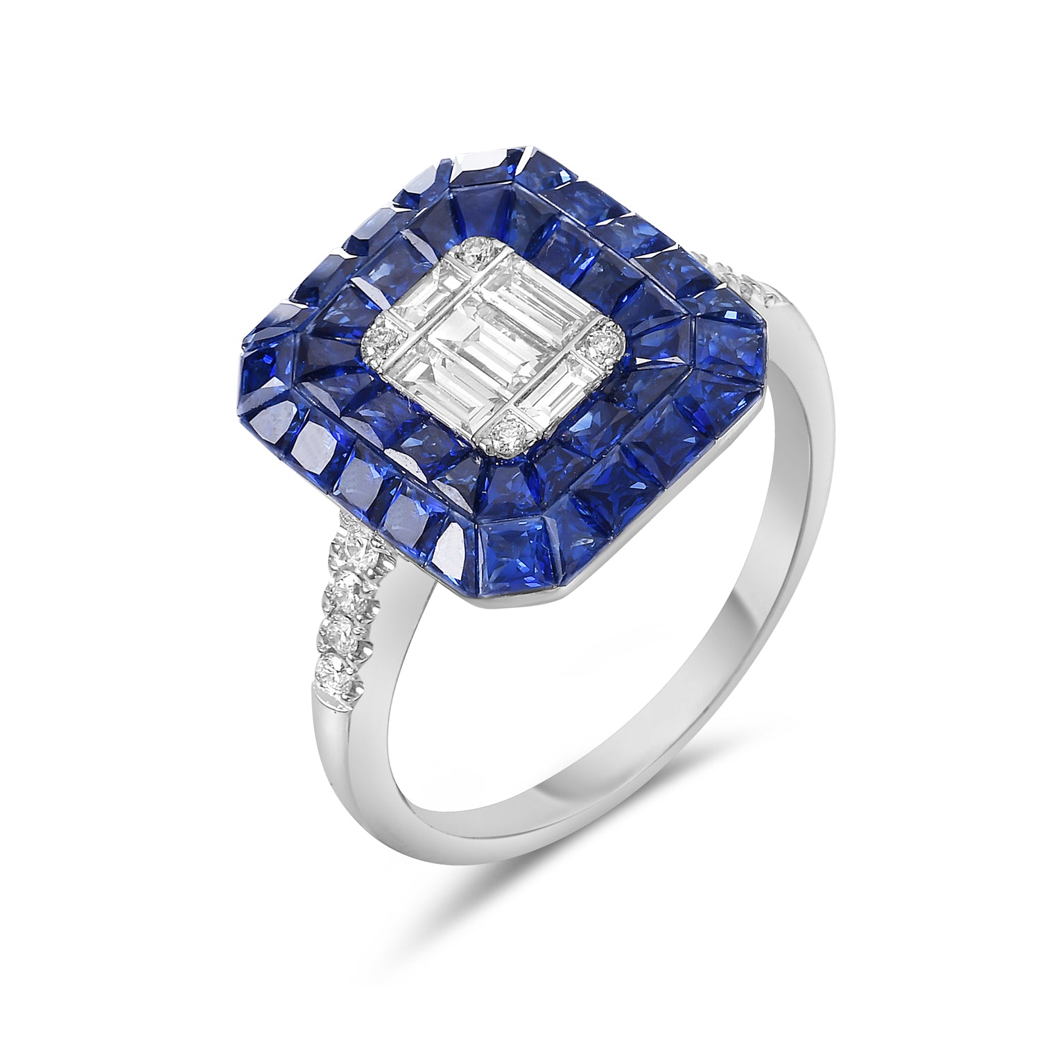 Blue Sapphire Pave Diamond Octagon Cocktail Ring in 18K White Gold - Elegant Statement Jewelry for Evening Parties & Special Occasions