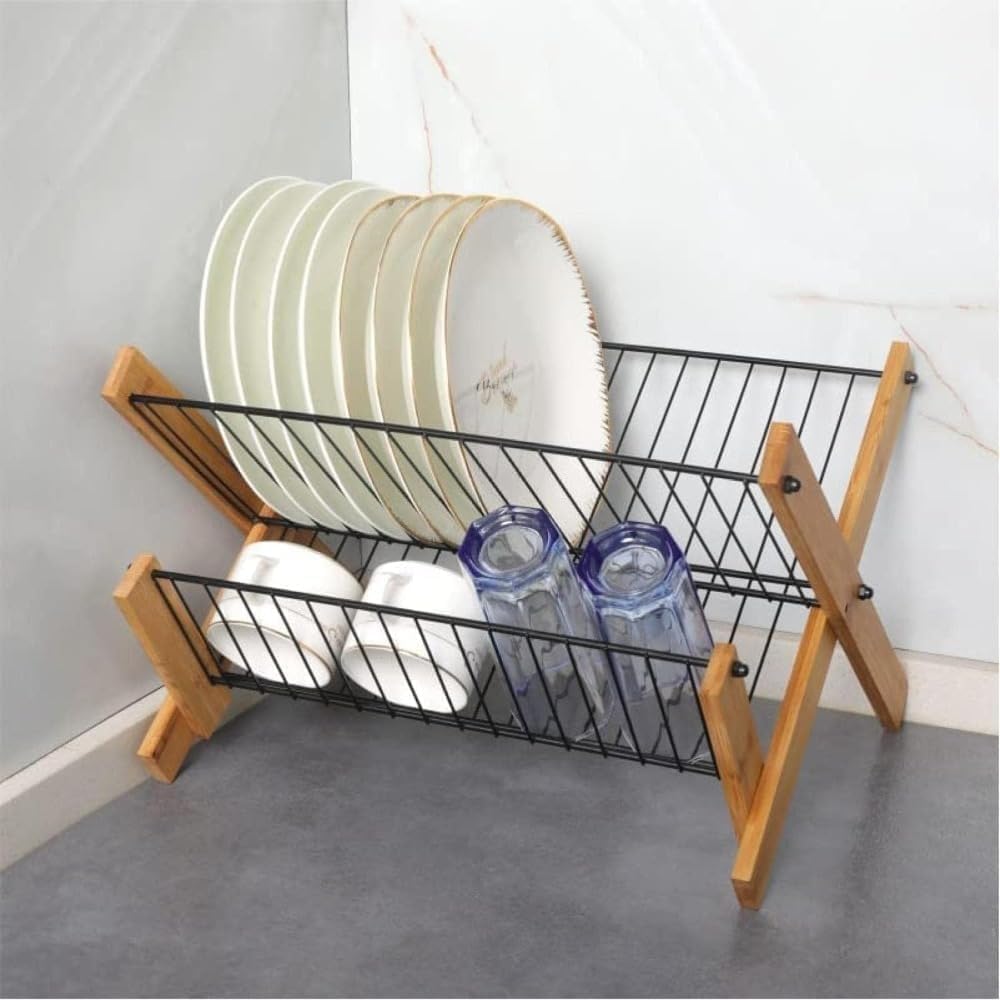 Premium 2-Tier Foldable Bamboo Dish Drying Rack with Stainless Steel Frame - Space Saving Kitchen Counter Organizer for Plates, Bowls & Utensils - Perfect for Small Apartments, RVs & Compact Kitchens (Model SS-01)
