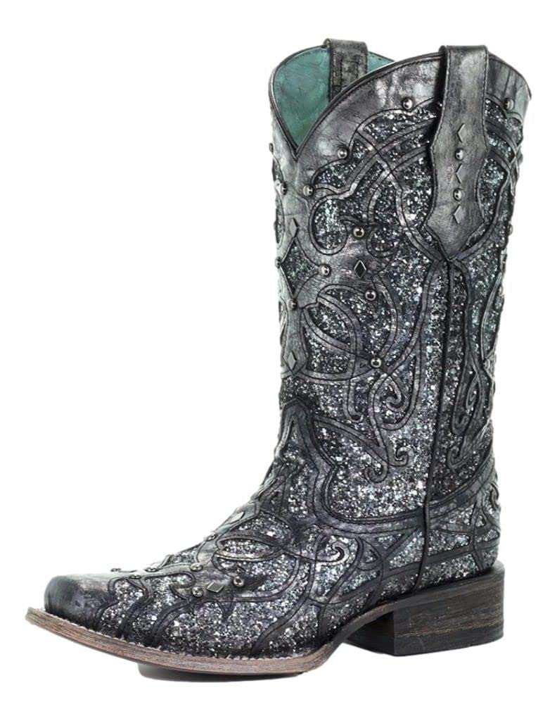 Women's Corral C3404 Glitter Square Toe Casual Boots - Mid Calf, Low Heel 1-2