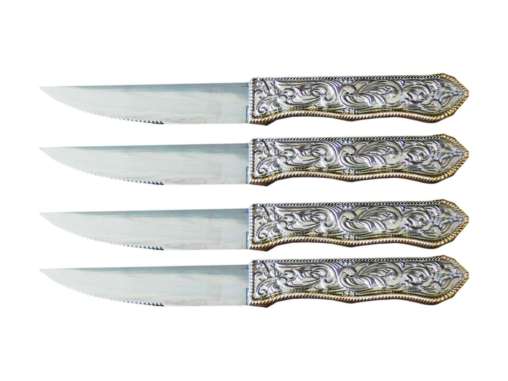 Premium Western Style Steak Knives Set of 4 - Stainless Steel with Decorative Buckle Design - Perfect for BBQ, Steak Dinners & Western Themed Parties