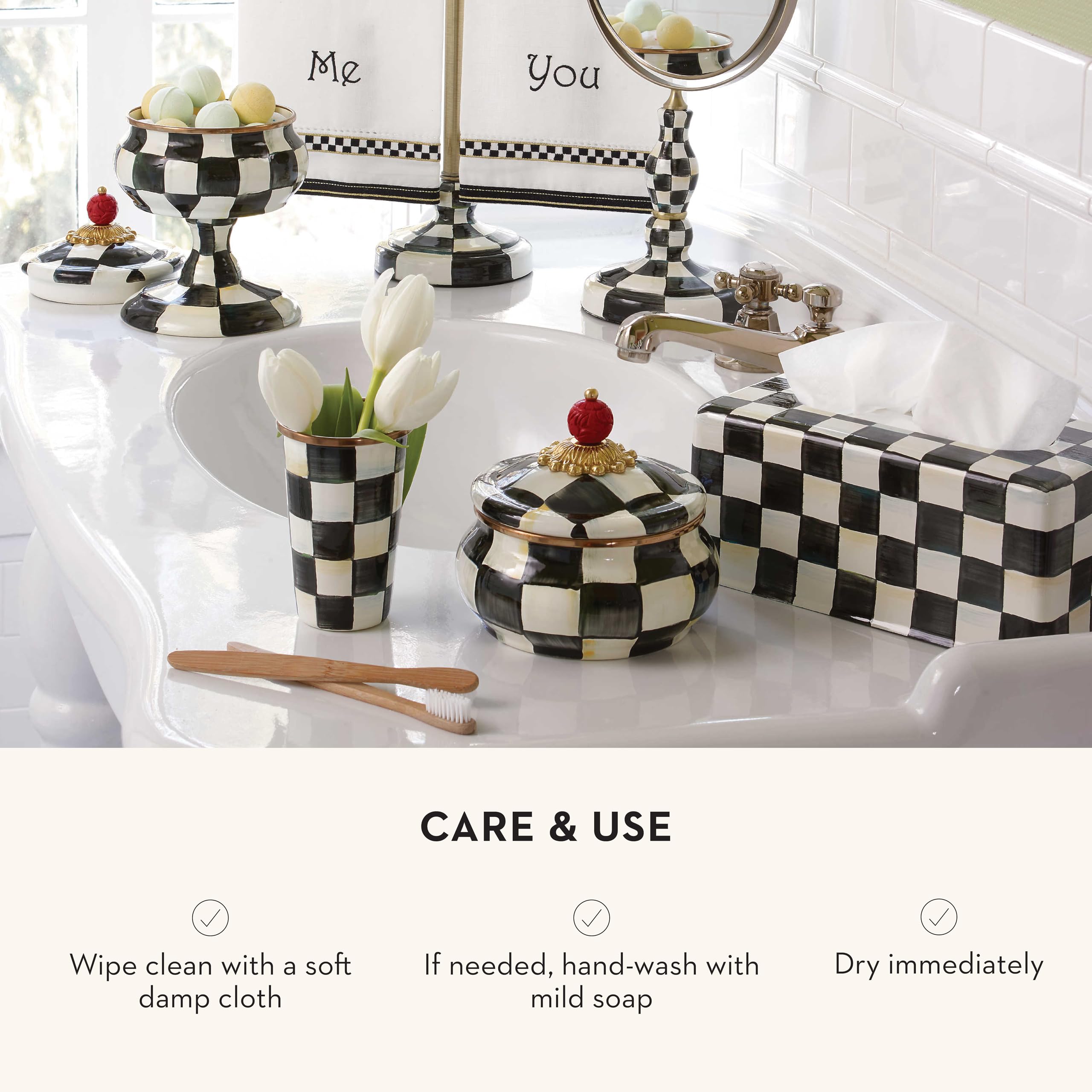 MACKENZIE-CHILDS Enamel Squashed Pot with Lid - 20oz Black & White Courtly Check Design - Cute Enameled Container for Kitchen Storage, Picnics & Home Decor