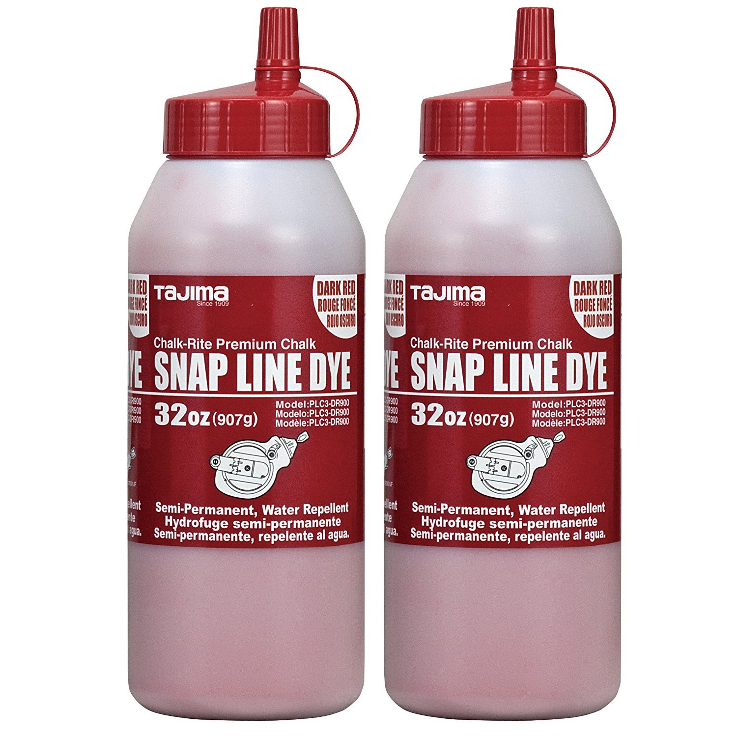 Tajima Marking Chalk Red (2-Pack) - 32oz Semi-Permanent Chalk-Rite Dye with Durable Bottle & Easy Fill Nozzle - Ideal for Construction, Sewing, Quilting & Fabric Marking - PLC3-DR900