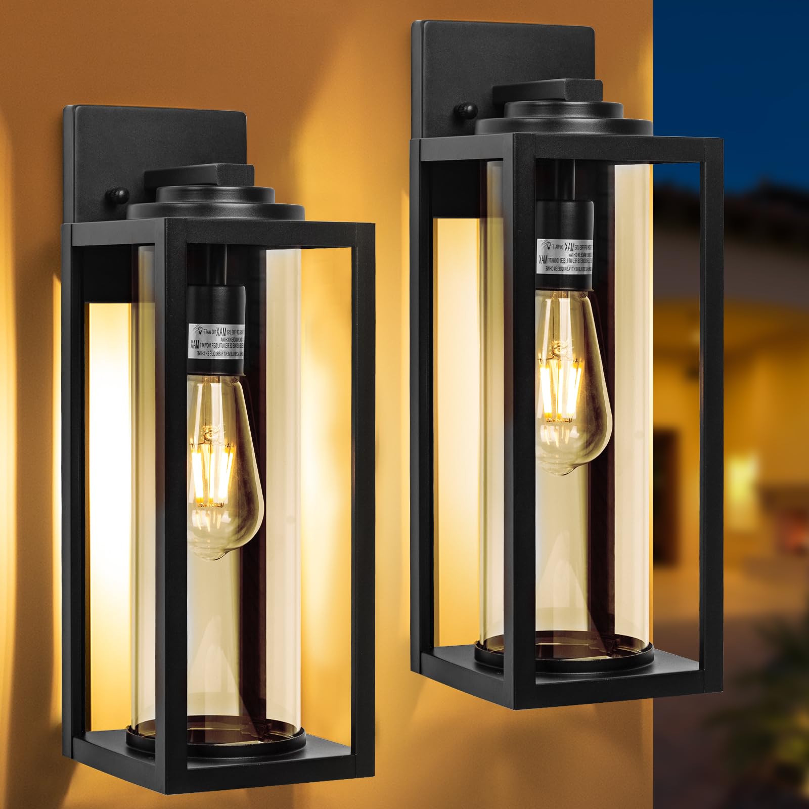 16 Inch Large Outdoor Wall Lights - 2 Pack Modern Black Exterior Light Fixtures with Clear Glass Shade, Waterproof Porch Lighting for House, Farmhouse, Garage & Front Door - Perfect for Patio, Garden & Entryway Lighting