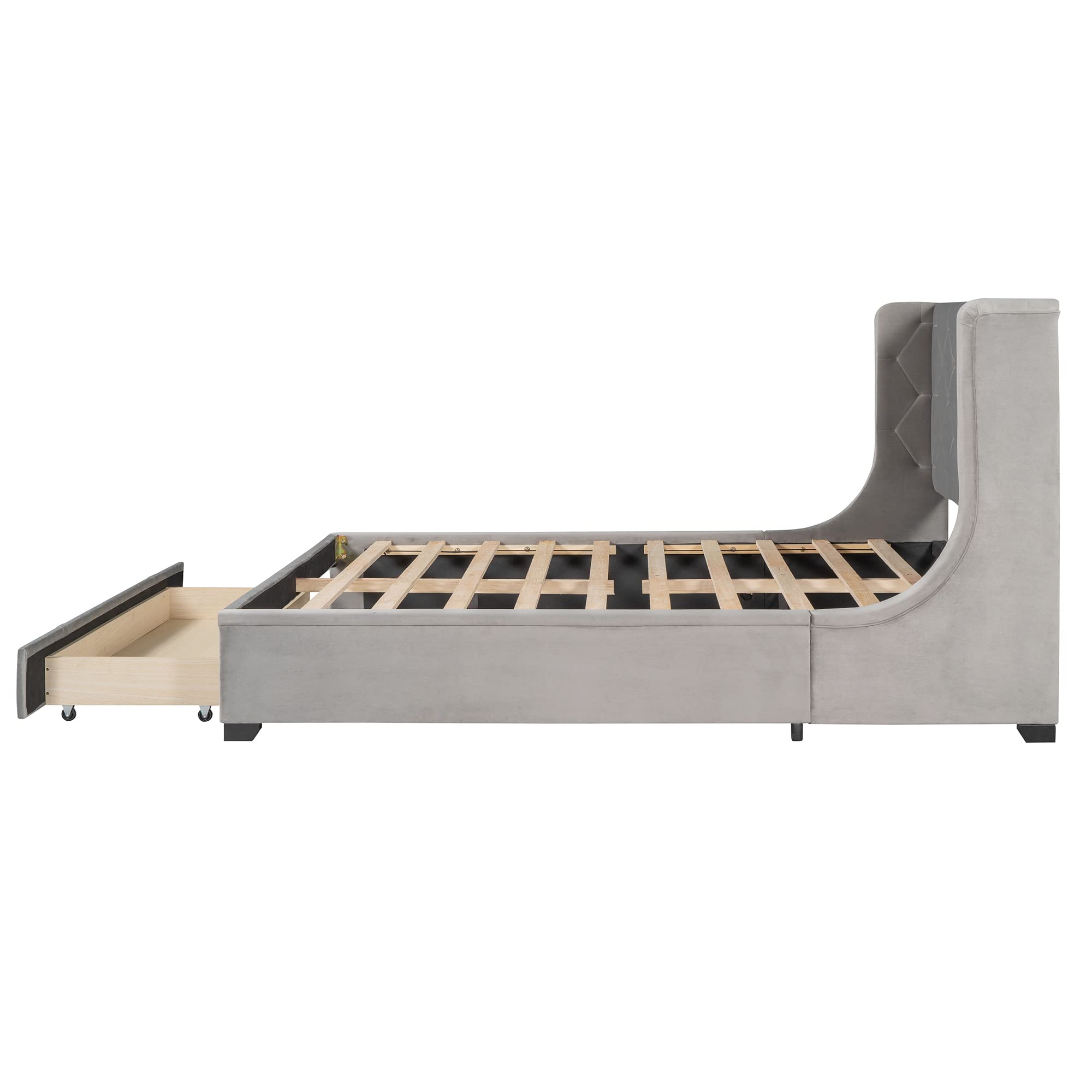 Merax Queen Size Storage Bed with Drawer - Velvet Upholstered Platform Bed Frame with Wingback Headboard & Wooden Slat Support | Grey Modern Bedroom Furniture for Small Spaces & Guest Rooms
