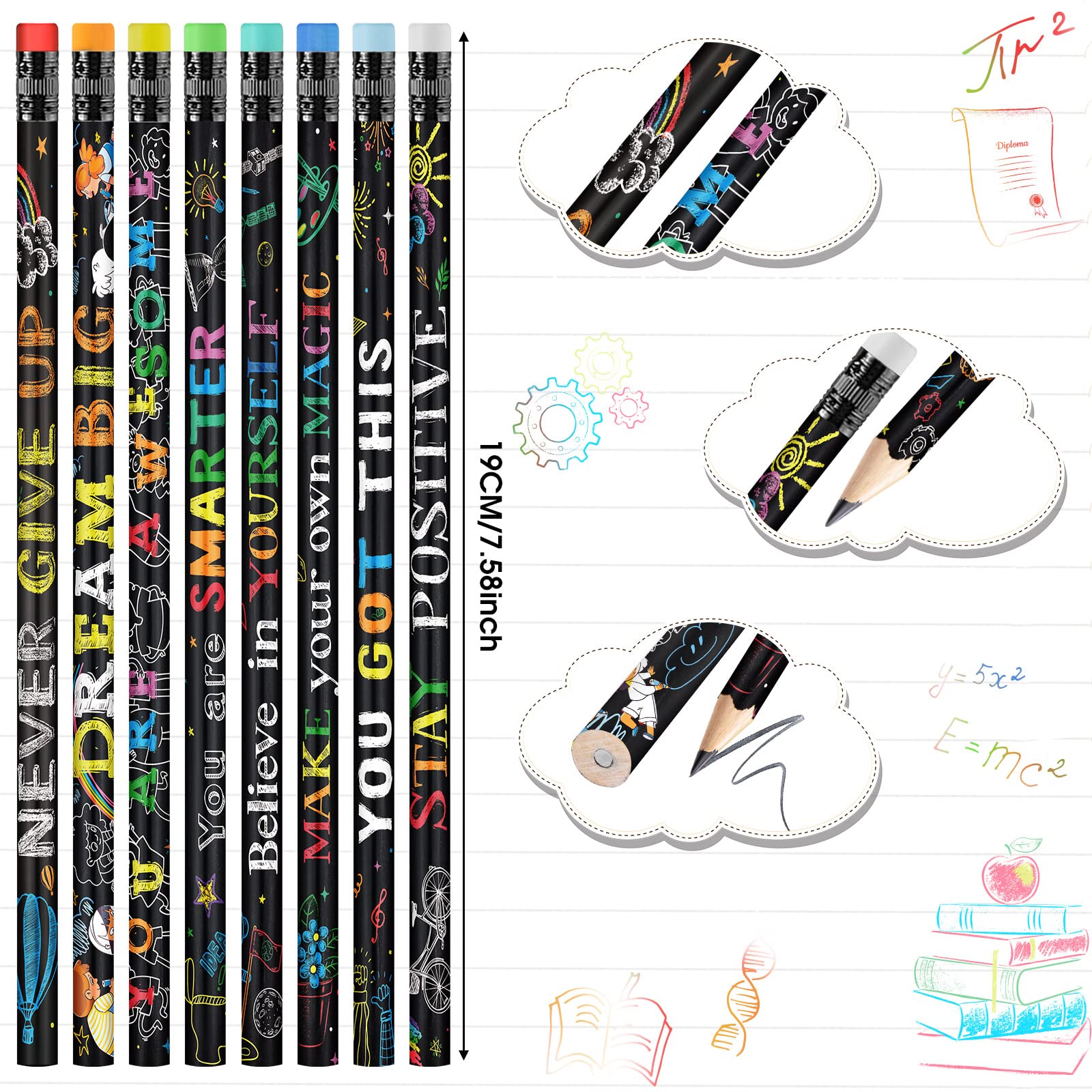 240 Pack Inspirational Motivational Pencils with Erasers - Colorful Wooden Pencils with Uplifting Quotes for Students, Teachers & Classroom Supplies - Perfect for Back to School, Study Motivation & Positive Learning Environment