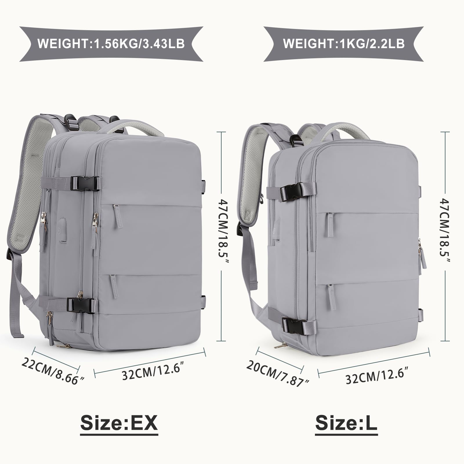 Coowoz Large Travel Backpack for Women & Men - Waterproof Expandable Carry-On Backpack for Hiking, Outdoor Sports & Casual Use - Heavy Duty Extra Large Rucksack with Grey Expansion (Perfect for Air Travel, Camping & Daily Commute)