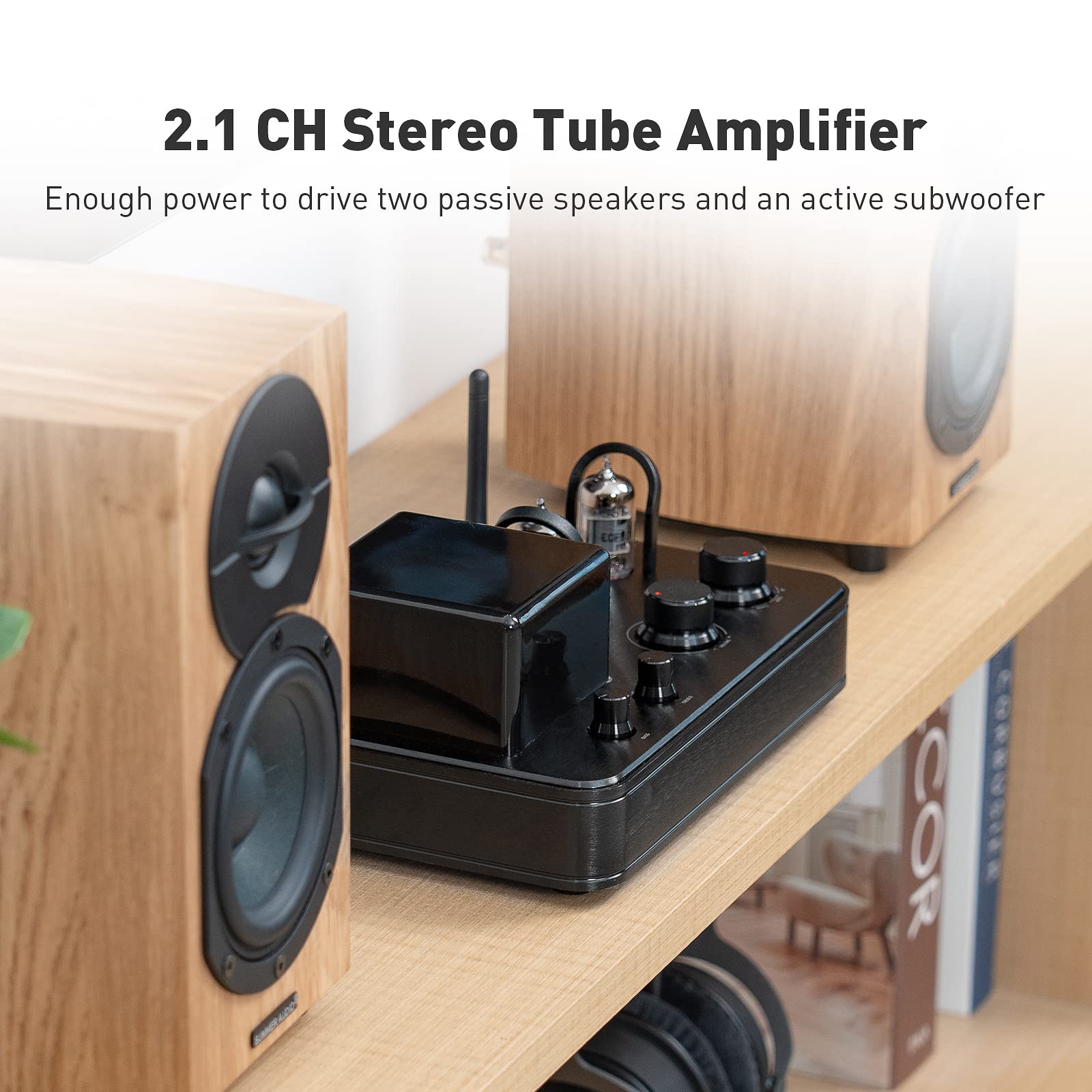 2.1 Channel Bluetooth 5.0 Stereo Receiver Amplifier with Hi-Fi Tube Headphone Amp - Wireless Audio System for Home Theater, Passive Speakers & Headphones - USB/Aux Input for Vinyl, TV, PC & Gaming Setup