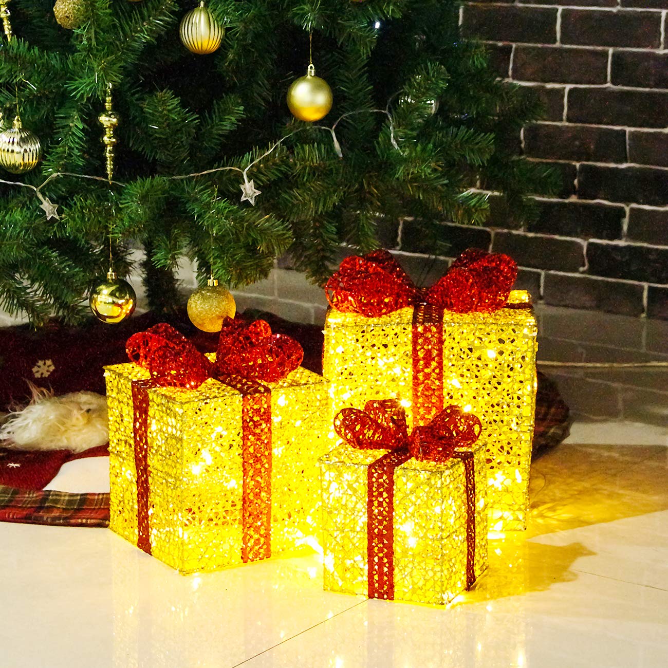 Sunnyglade 3-Piece Christmas Lighted Gift Box Set with Bows - Gold Holiday Decor for Home & Weddings