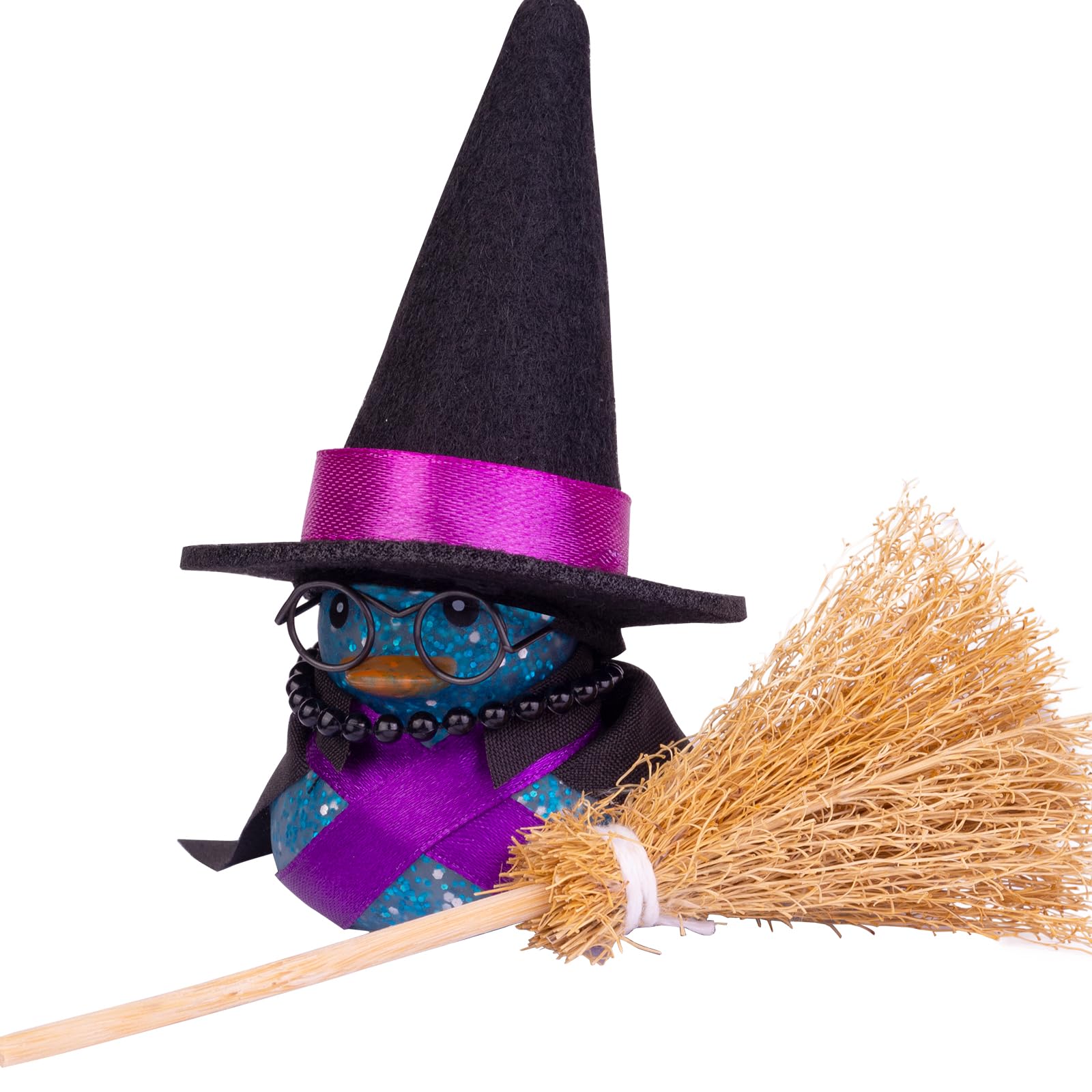 Funny Car Rubber Duck Ornament with Mini Witch Hat, Sunglasses & Necklace - Cute Dashboard Decor for Winter & Halloween - Perfect Gift for Car Lovers & Duck Collectors (Great for Office Desk, Party Favors & Themed Events)
