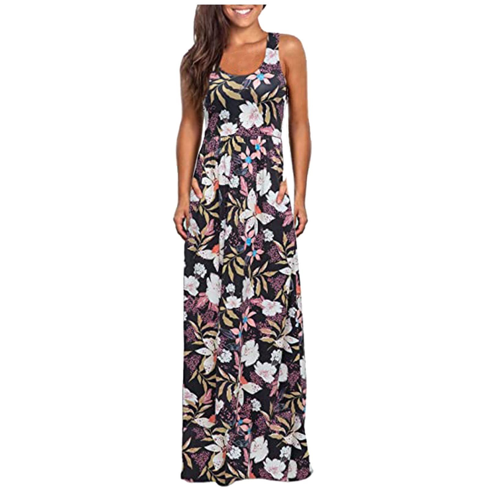 Women's Denim Dress Sleeveless Casual Floral Print Pocket Beach Dress Plus Size Petite - Perfect for Summer Outings, Vacations & Casual Wear